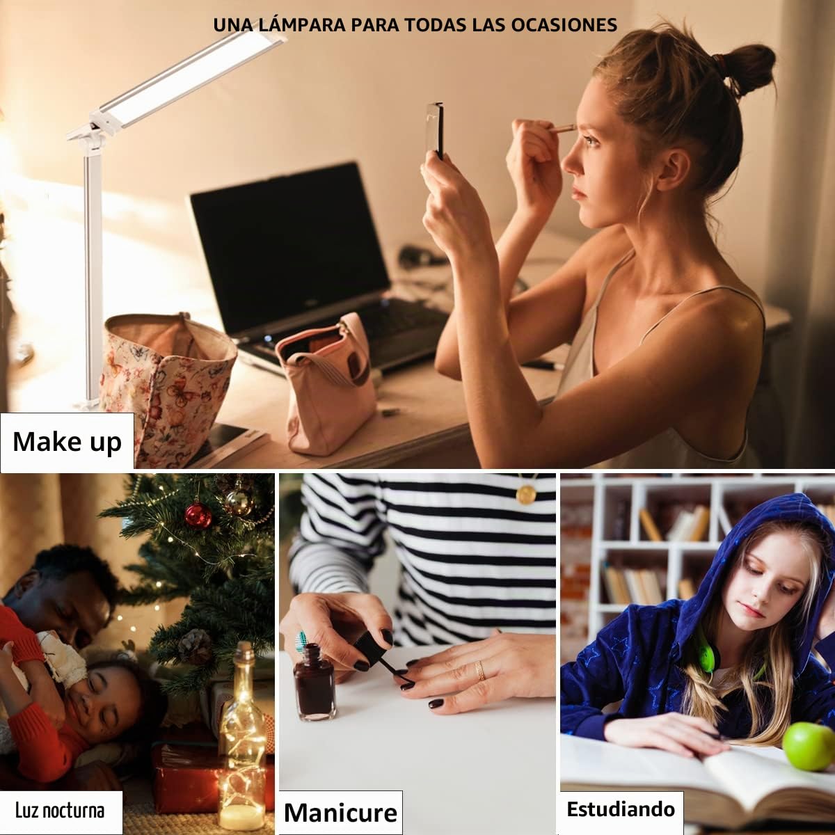 Lámpara de escritorio, lámpara LED de mesita de noche con puerto de carga USB, 5 modos de color, 5 niveles de brillo, control táctil, dormitorio, uñas para niños (blanco)