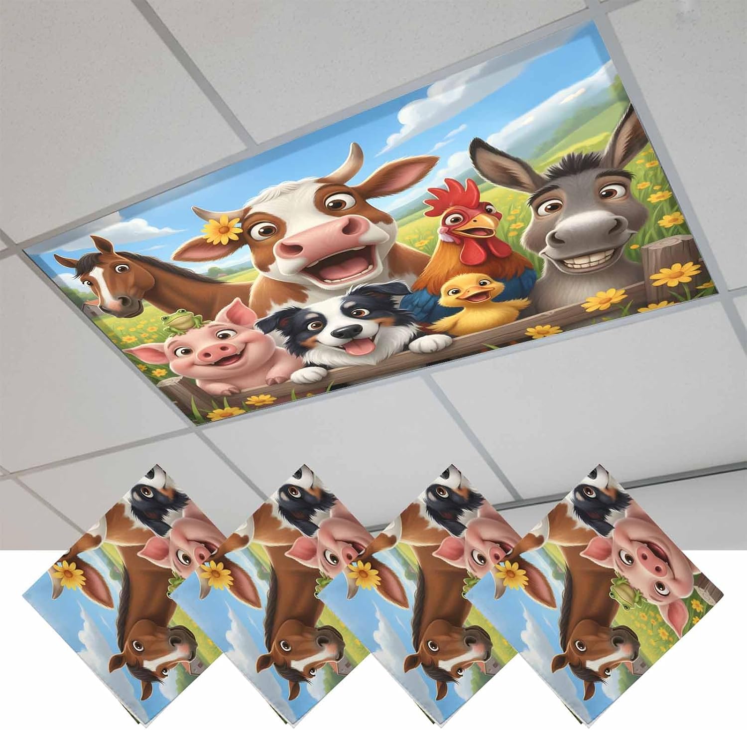 Cute Farmhouse Animals Fluorescent Light Covers for Ceiling Lights 4x2 feet,4 Pack Magnetic Light Filters for Classroom,Countryside Pig Horse Floral Fluorescent Lamp Shade Panel for Office School Drop