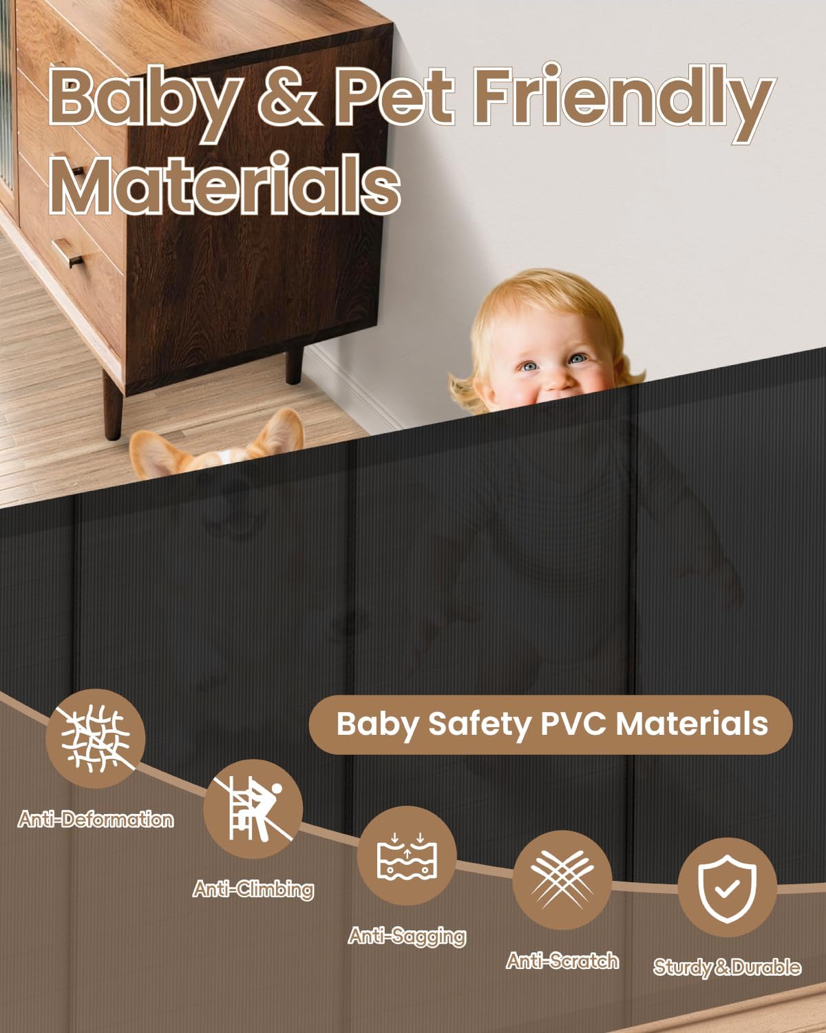 BBsecure Upgraded Retractable Baby Gate - 71\" Wide 34\" Tall Mesh Child Safety Gate with High-Density Reinforced Rods, Easy One-Hand Operation Retractable Dog Gate, Fits Baseboards, Black Black 34\" Tall x 71\" Wide