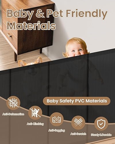 Miniatura 2 de Puerta retráctil para bebé, puerta de malla de 55 pulgadas de ancho con 4 varillas reforzadas, evita que los niños y perros se gateen por debajo,