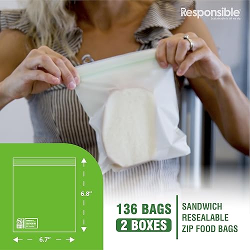 Miniatura 7 de Responsible Products Bolsa con cremallera resellable de gran galón compostable certificada, bolsas de alimentos extra resistentes, hechas de