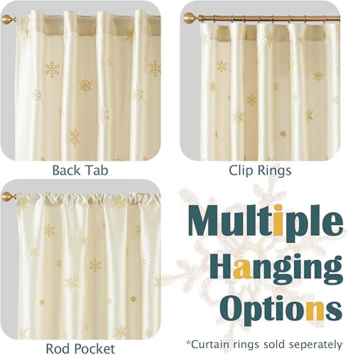 Miniatura 7 de jinchan Cortinas de seda sintética de 63 pulgadas de largo, con patrón de copos de nieve dorados, cortinas de Navidad para sala de estar,