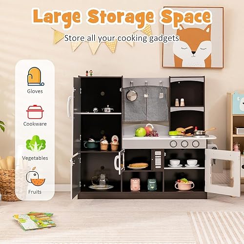 Miniatura 7 de HOMGX - Juego de juguetes de cocina multifunción para niños, juego de juguete de chef de madera con microondas, estufa, fregadero, grifo, armario de