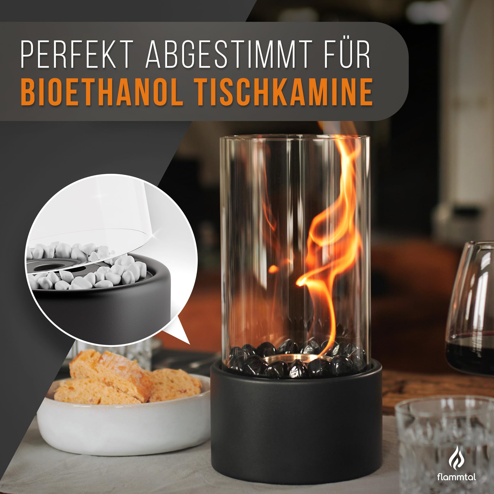 flammtal - Ersatzglas für Bioethanol Tischkamin - Feuerfester Glaszylinder [Ø 14 cm/Höhe 22cm] - Kompatibel mit flammtal, Edelfeld & weiteren Ethanol Tischkaminen - Hitzeresistentes Borosilikatglas