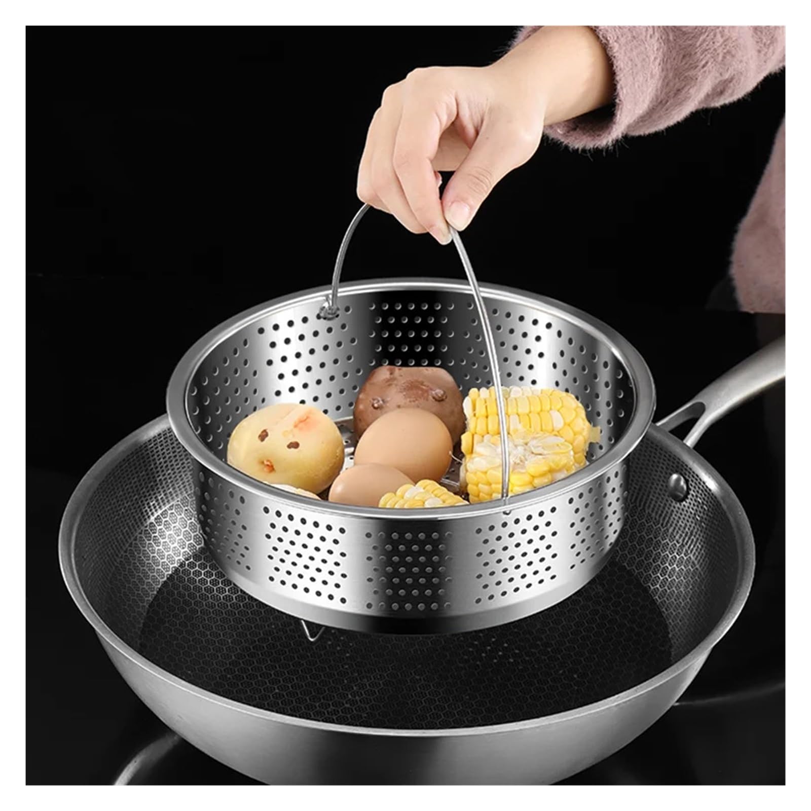 Cesta de vapor acero inoxidable con mango silicona for olla a presión arrocera, rejilla, escurridor, utensilios cocina Cesta de vapor inox(22cm)