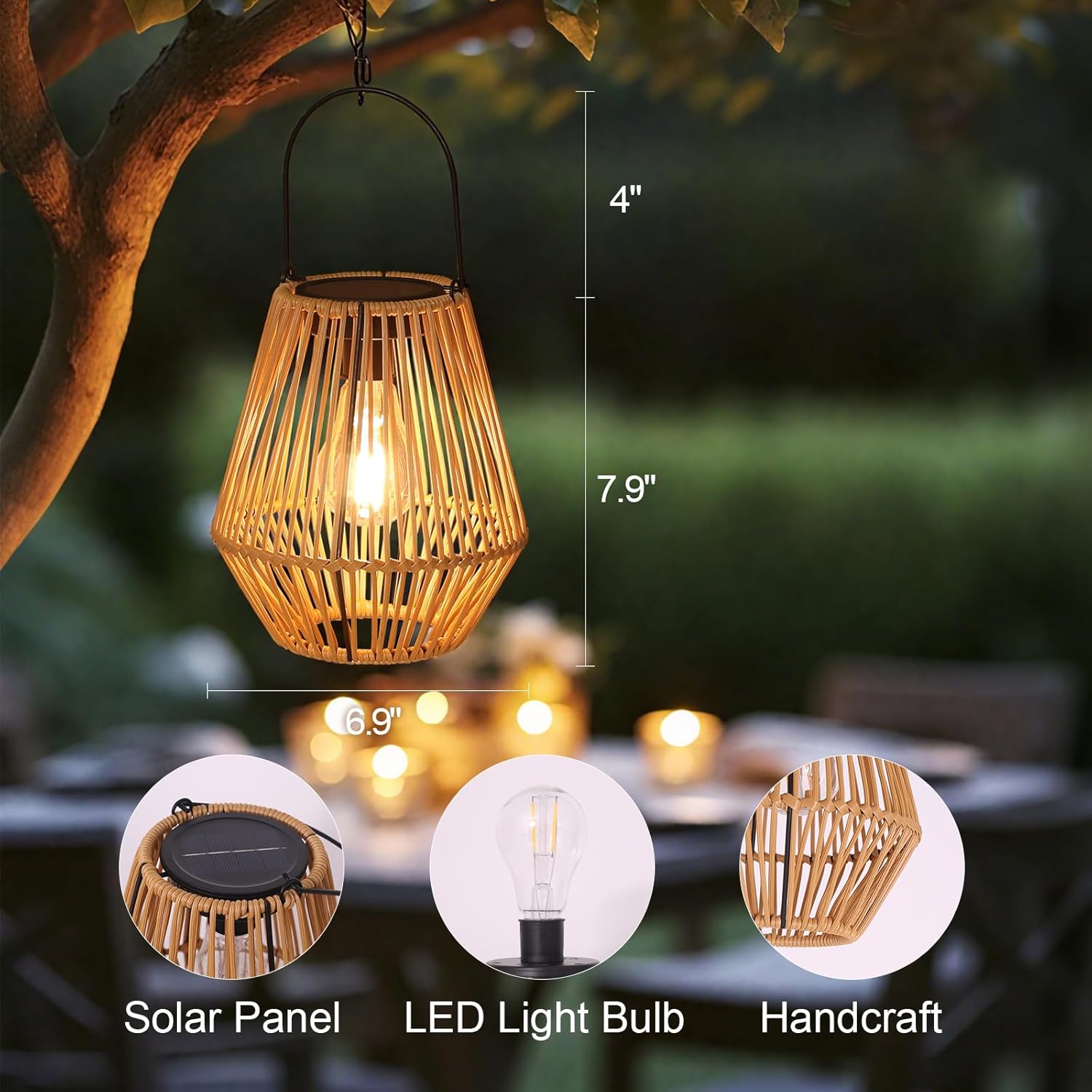 2 Pack Rattan Solar Lanterns Outdoor Waterproof, Boho Solar Lights, Outdoor Garden Lights, Hanging Lanterns Decorative Birthday Gifts for Mom Grandma, Outdoor Lanterns for Porch, Patio