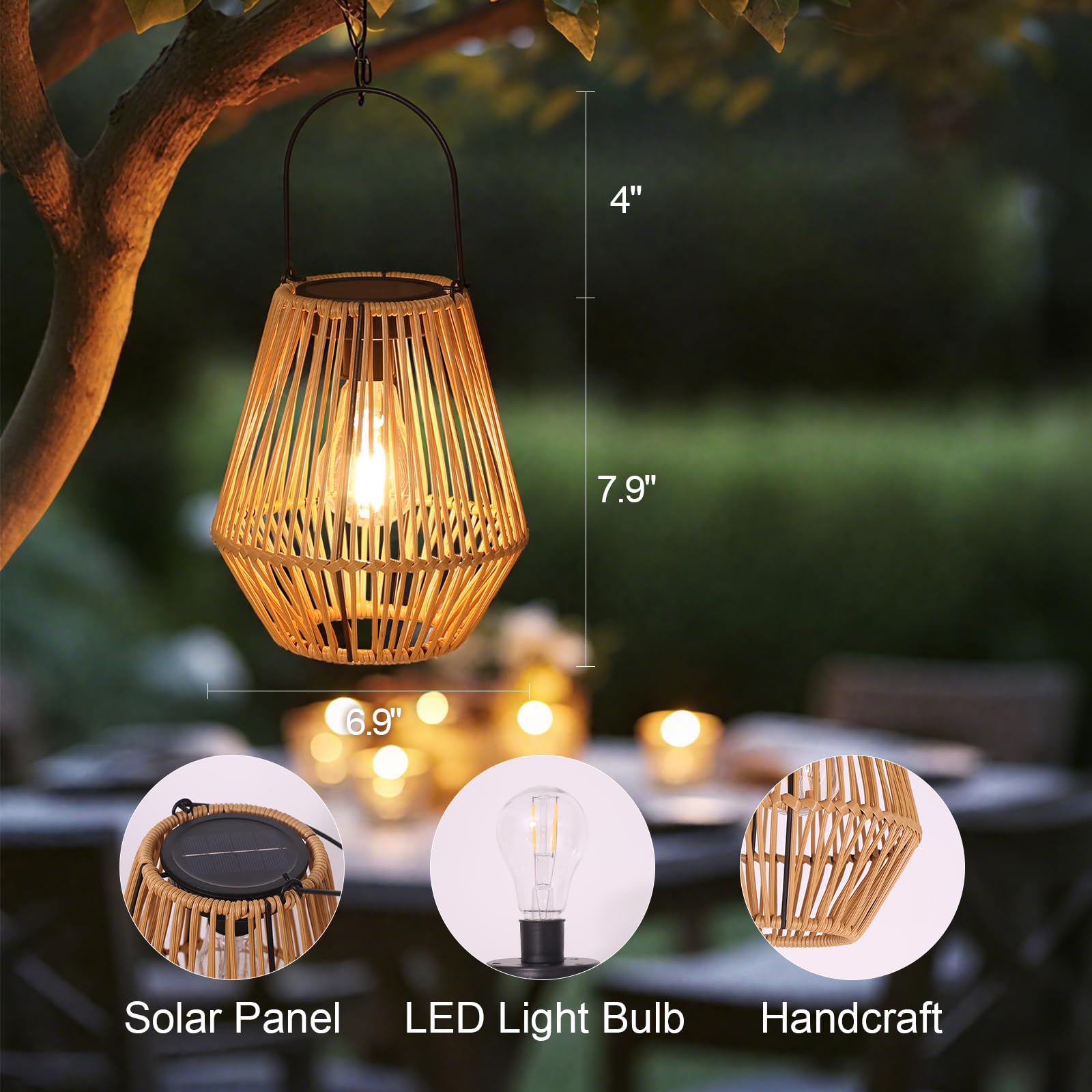 2 sztuki rattanowych lampionów solarnych, wodoodporne, rattanowe lampy solarne, wiszące lampiony, dekoracyjne, prezenty urodzinowe dla mamy, babci, lampiony zewnętrzne na werandę, patio