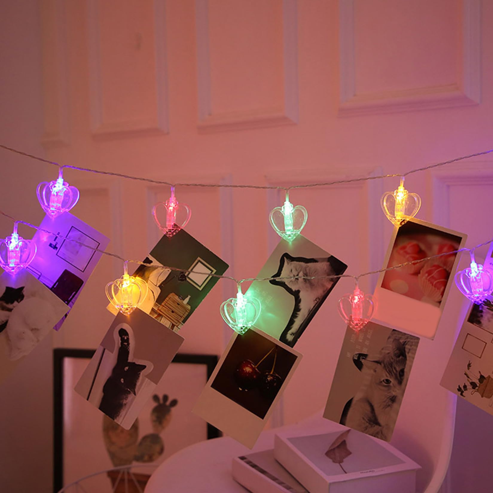 Recitem Heart Shape LED Photo Clips Fairy Lights Clips with Timer, with 20 LED Clips, Timer 8 Modes USB/Battery Operated Photo for Room, Weddings, Living Room (Multicoloured Battery with Remote