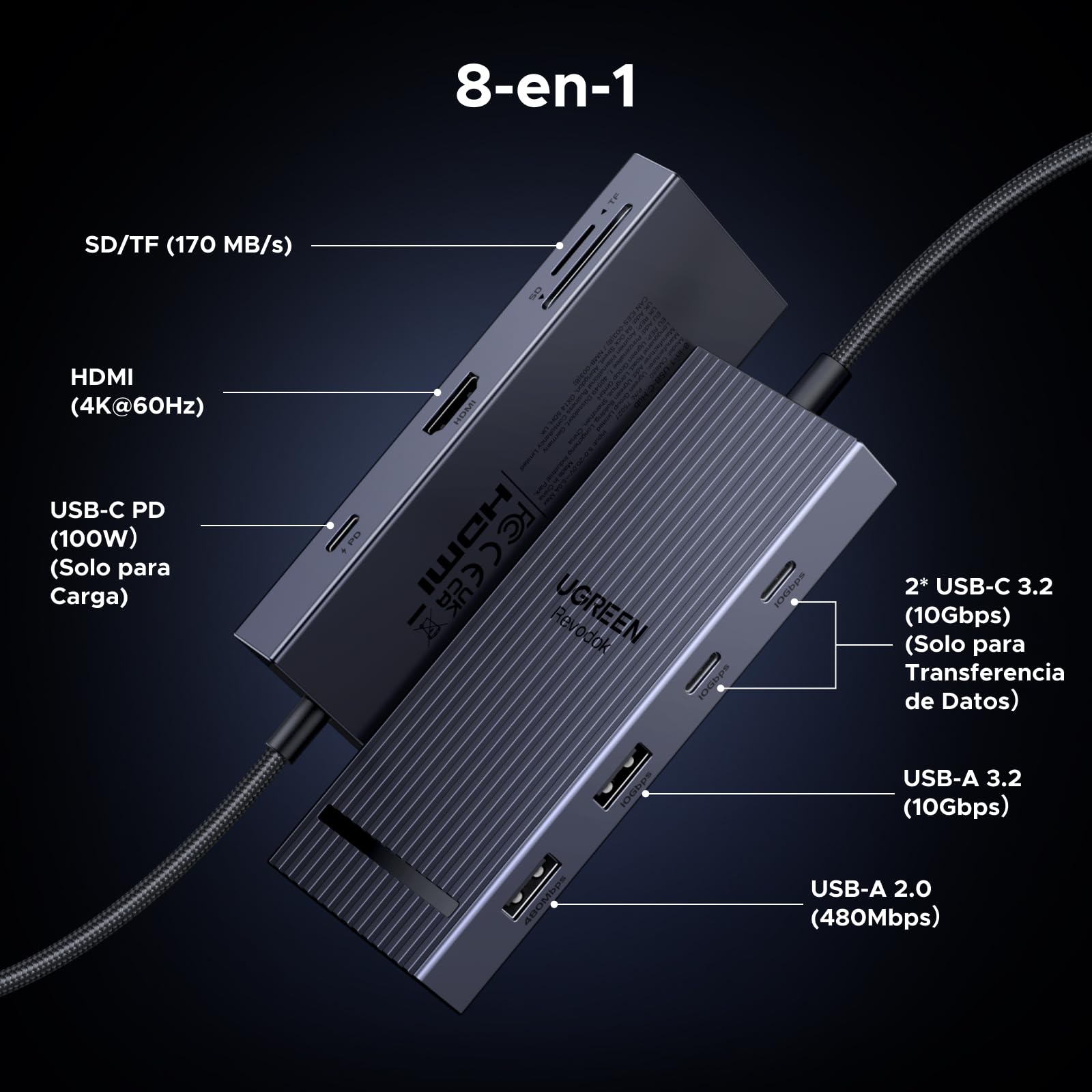 UGREEN Revodok Pro 108 10Gbps Hub USB C HDMI 4K 60Hz Lector de Tarjetas SD TF PD 100W Adaptador Multipuerto 8 en 1 Docking Station Compatible con MacBook Neo iPad Air iPhone 17 Pro MAX Galaxy S26
