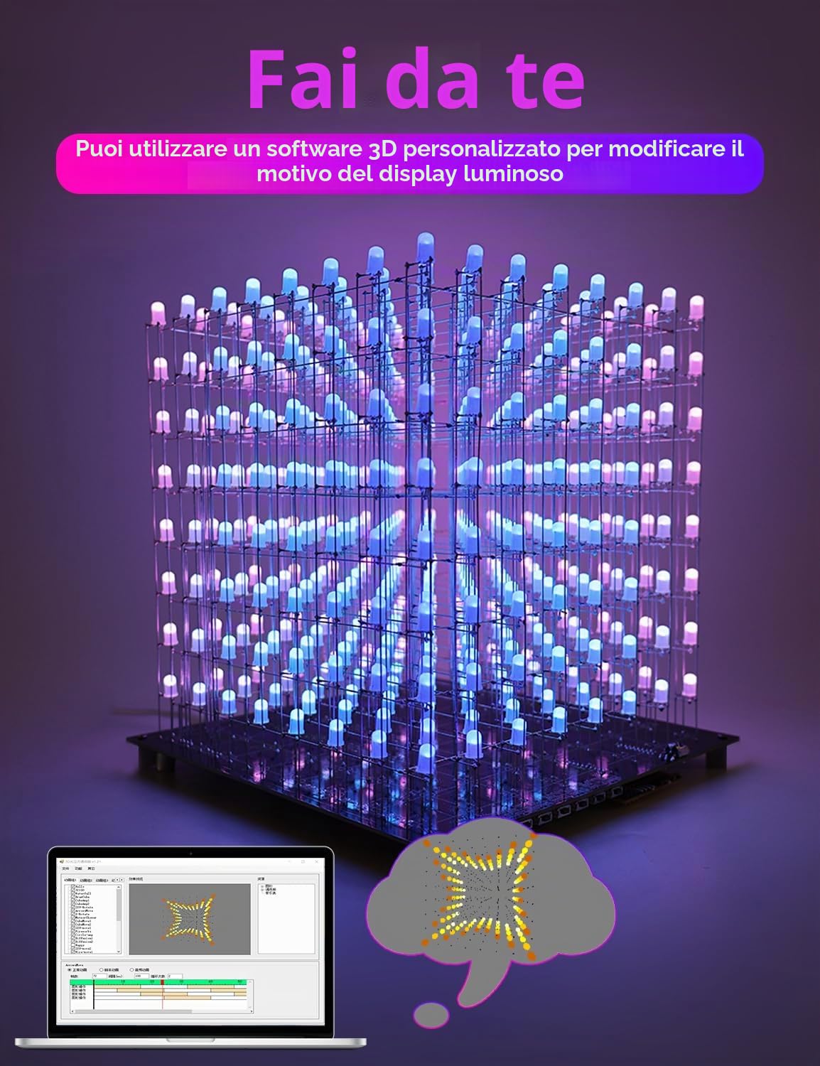 Set di LED 3D8RGB-Kit, Kit Elettronico Fai da te 8 x 8 a Forma di Cubo per Progetti di Saldatura