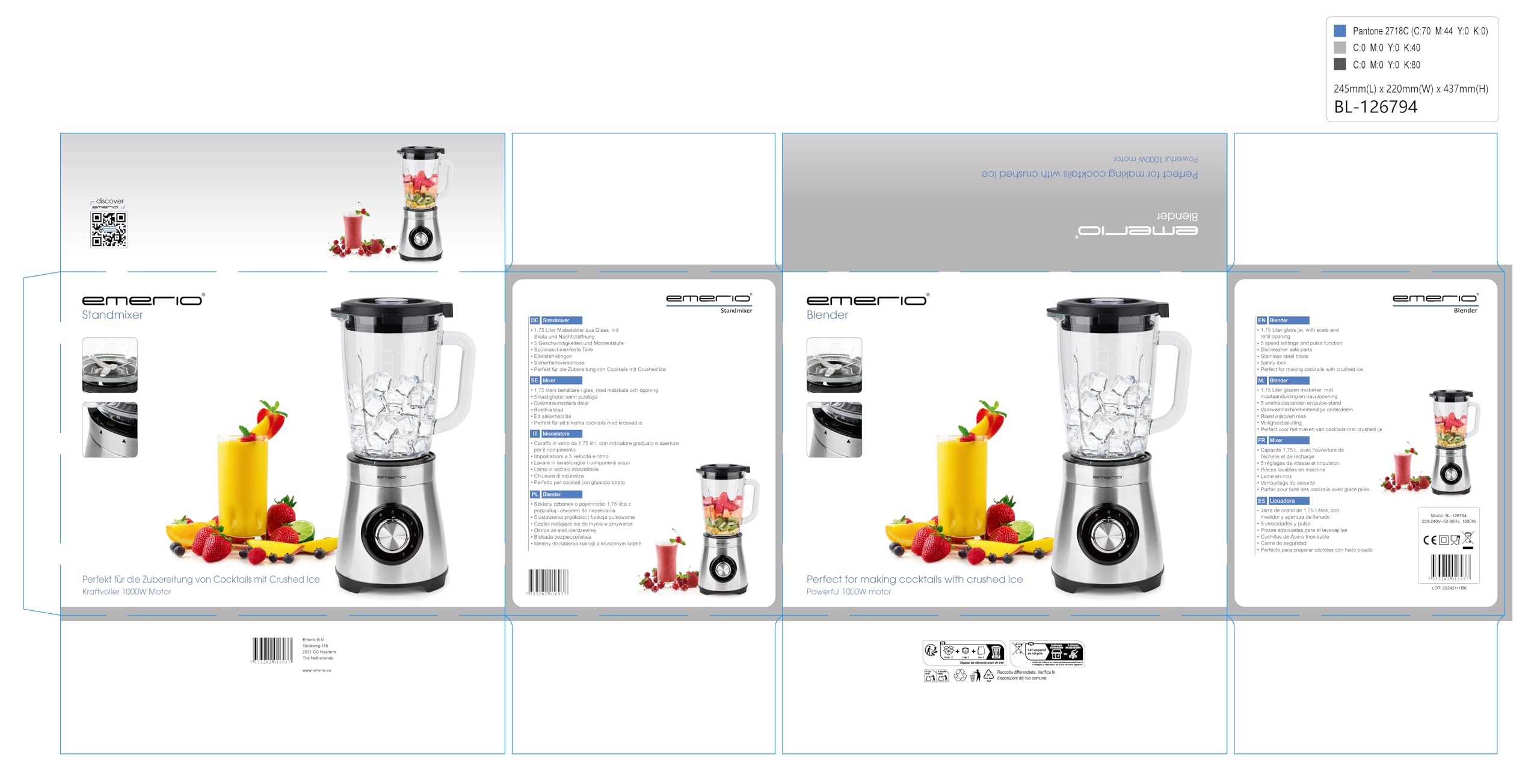 EMERIO Standmixer | 1.75L Glasbehälter | 1000 Watt Power | Crush Ice Funktion | 5 Geschwindigkeiten + Pulse Funktion | 4 Messer aus Edelstahl | 2 Sicherheitsschalter in Krug & Deckel | BL-126794