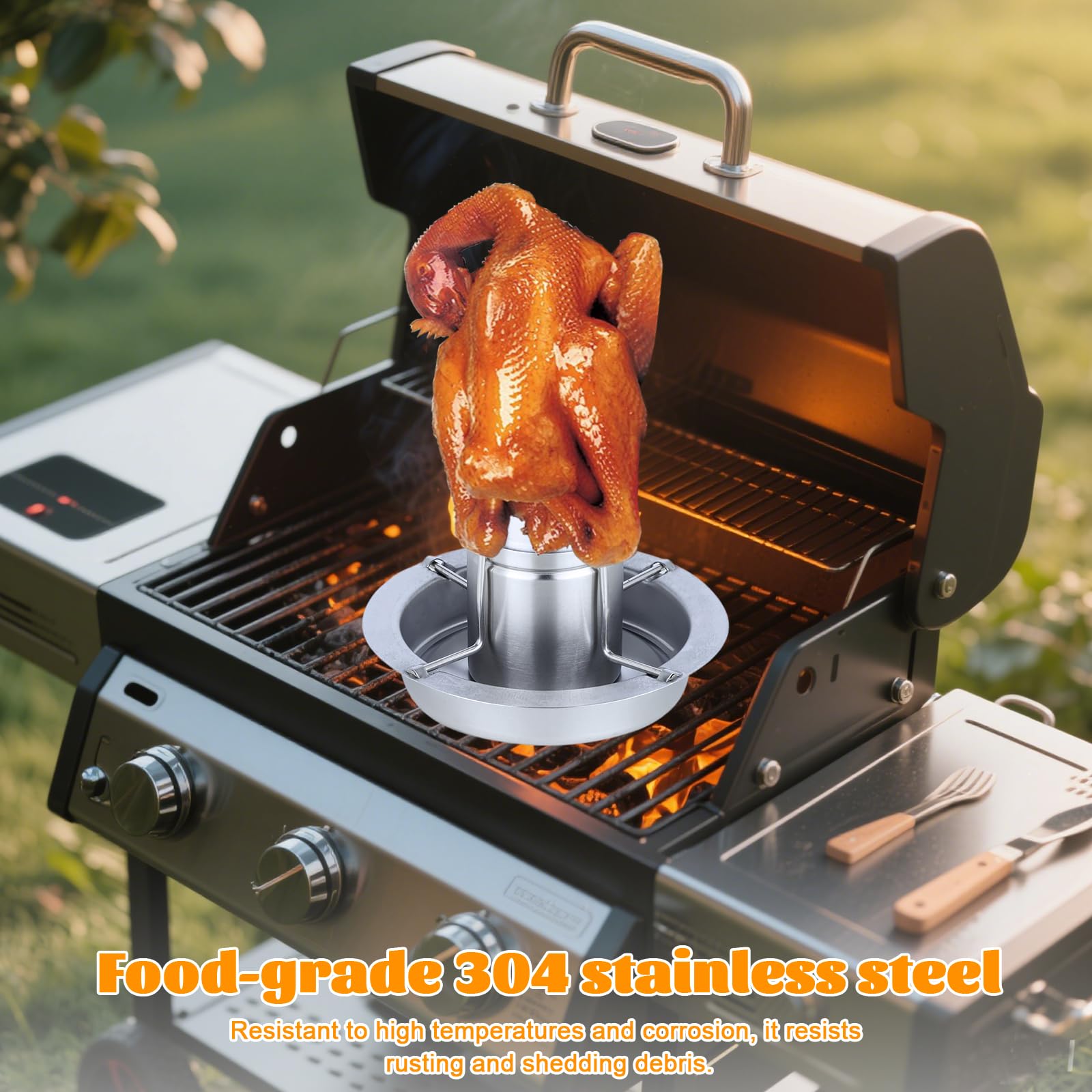 Rôtissoire à Poulet Barbecue en Acier Inoxydable, Support à Poulet pour Canette de Bière, Grille Poulet Vertical, Support à Volaille en Fonte Démontable, Récipient Aromatique Amovible, Bac d'Égouttag