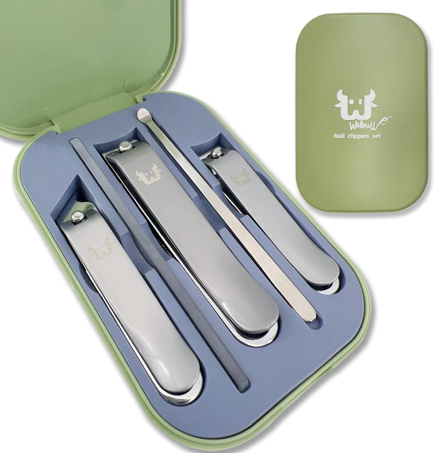 5 in 1 Nail Clipper Kit, Hard Storage Case ncluded - Sharp High Carbon Steel Flat/Slant Edge Nail Cutters & Durable Glass Nail File,Compact Manicure Kit for Men/WomenïŒGreenïŒ