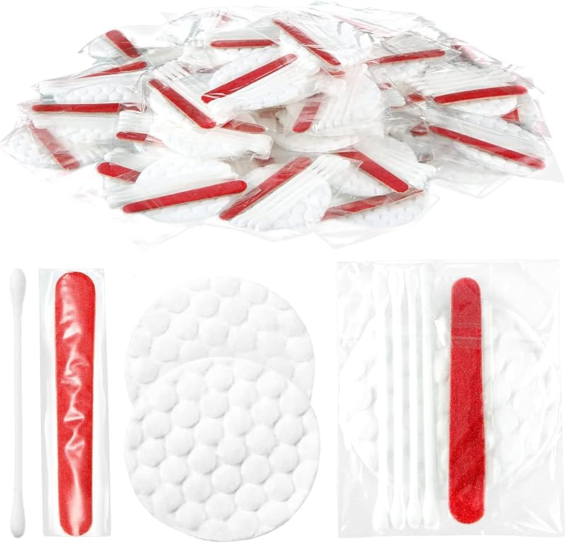 Juego de tocador de hotel de 100 piezas, artículos de tocador de hotel envueltos individualmente a granel, kit de higiene desechable con almohadillas de algodón, hisopos de algodón, lima de uñas para artículos de tocador de maquillaje de hoteles, artículos de tocador de tamaño de viaje a granel