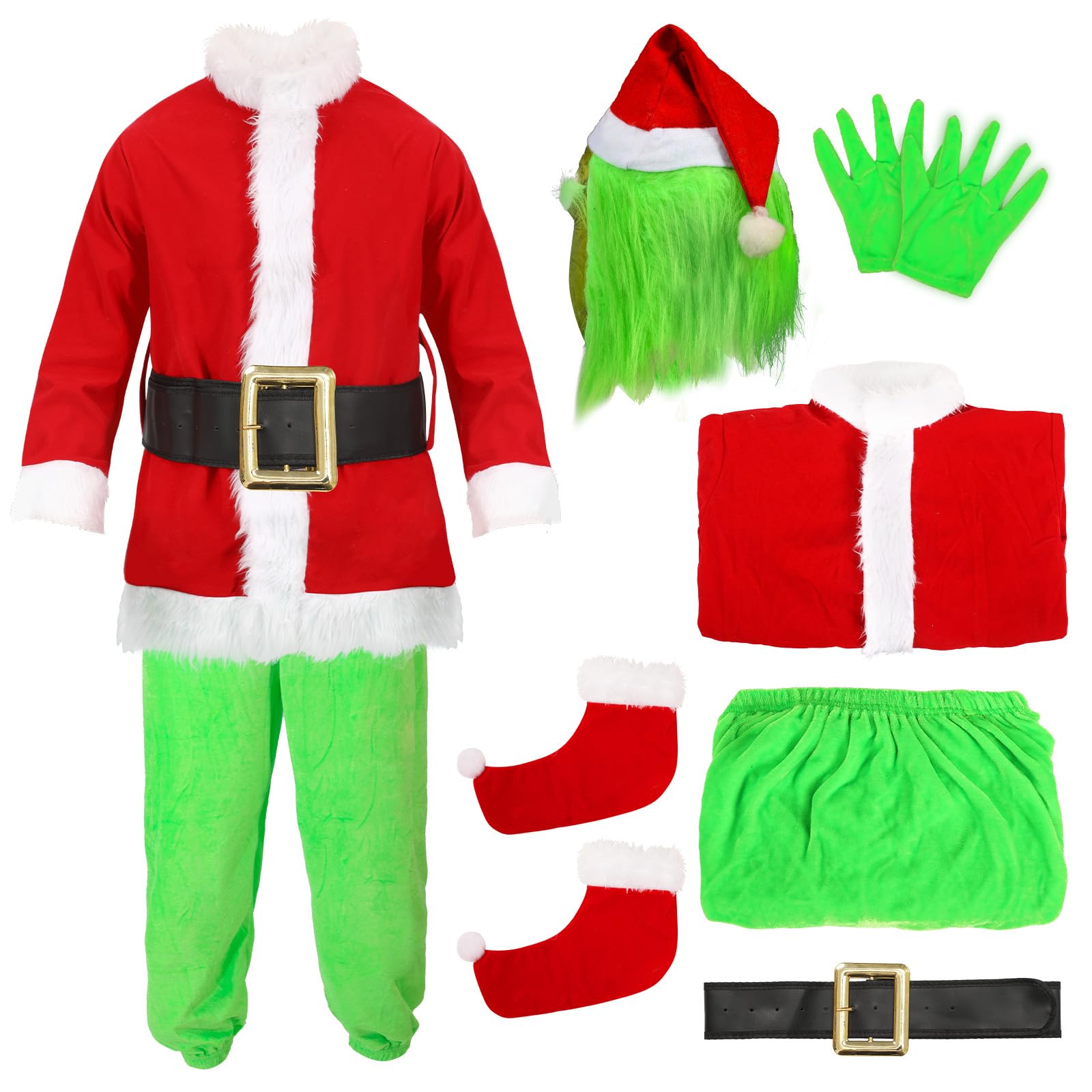 (Size M) (Incomplete)Christmas Green Monster Costume Kids Furry Santa Claus Outfit Christmas Cosplay Costume Holiday Party Dress up