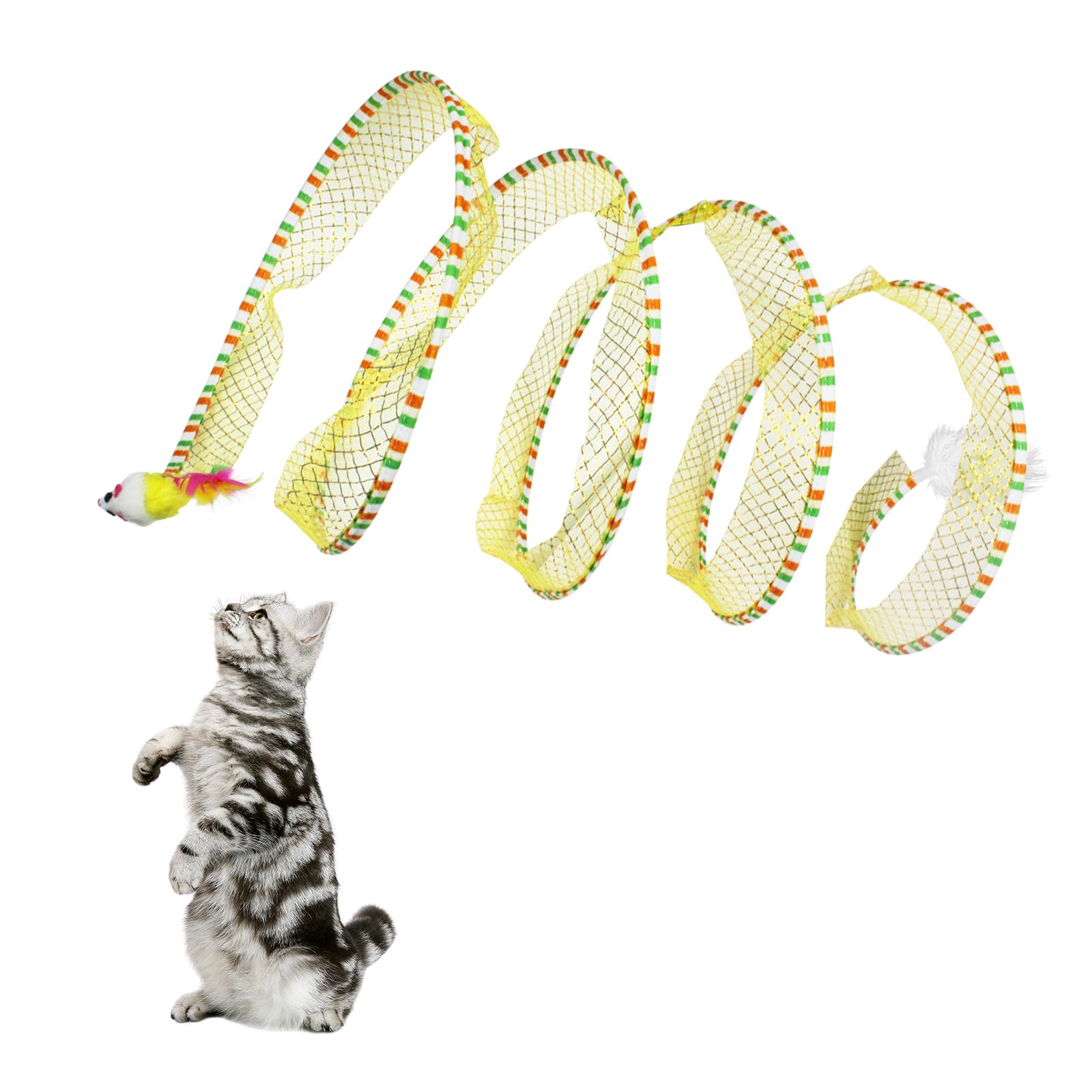 Andiker Cat Tunnel Toy, 10inch Collapsible Metal Cat Spring Toy with Nylon Mesh, Feather, Mouse, and Bell, Interactive Cat Toys for Indoor Cats to