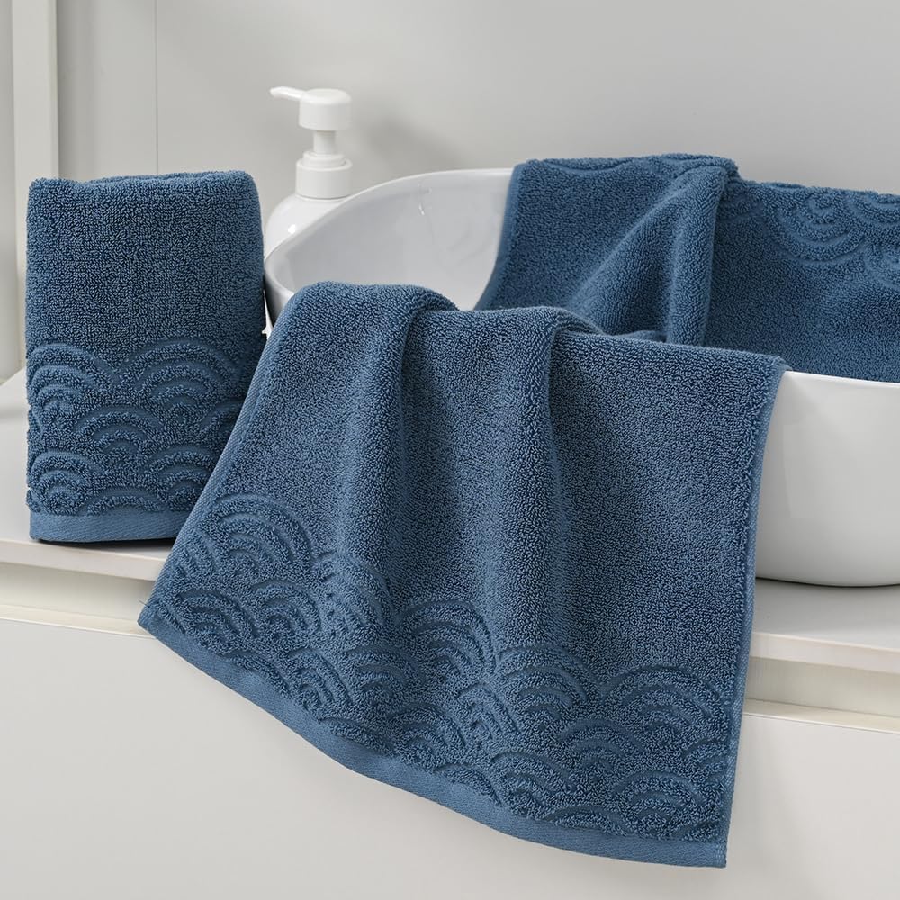 Blue Rippled Textured Edge Hand Towel Set of 2 Decorative Hand Towel for Bathroom Ultra Soft 100% Cotton Absorbent for Home Kitchen 13" X 29" - Image 3