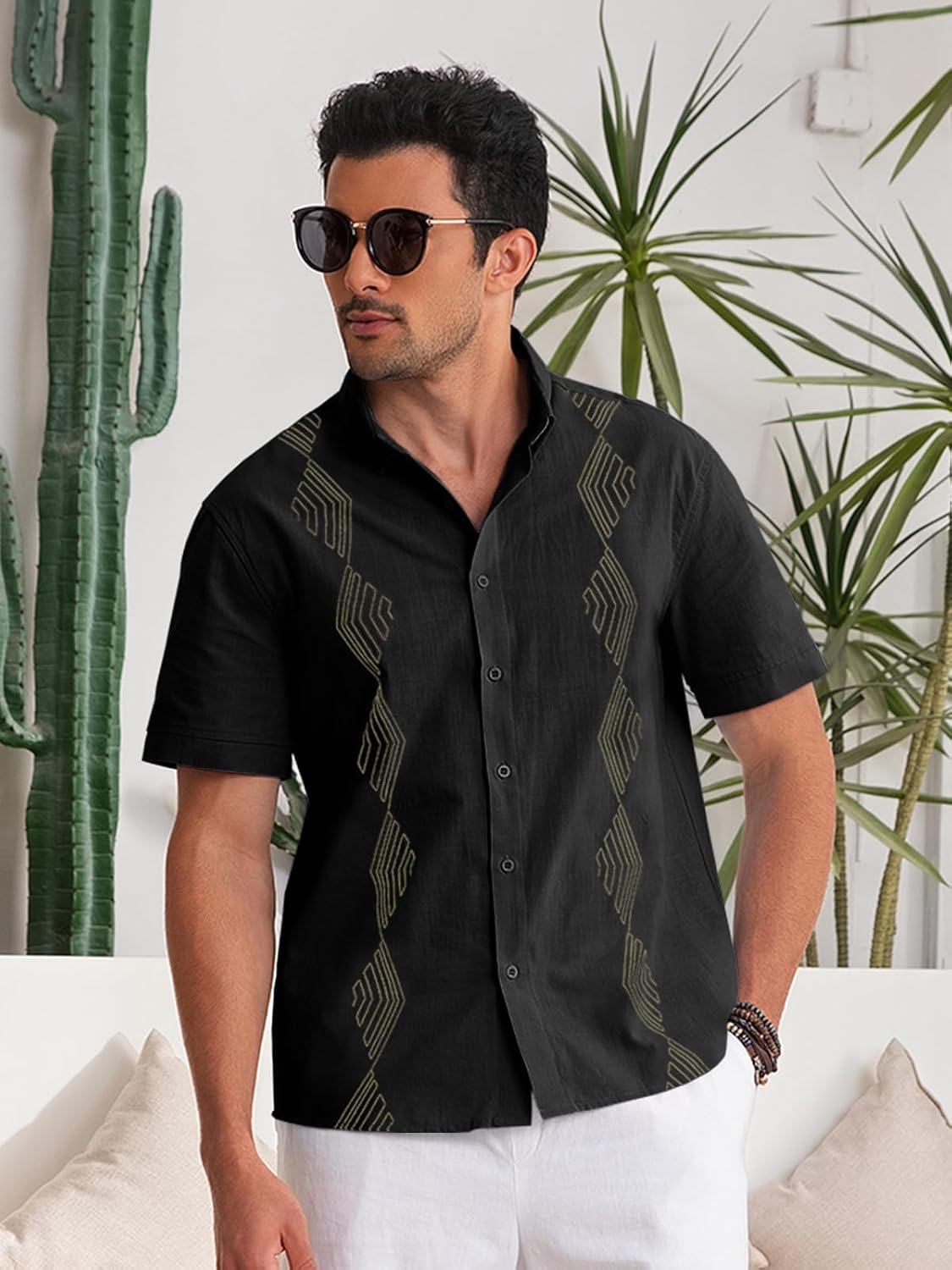 Makkrom Men Cuban Guayabera Shirts Linen Short Sleeve Button Down Cotton Mexican Beach Wedding Shirt - Image 3
