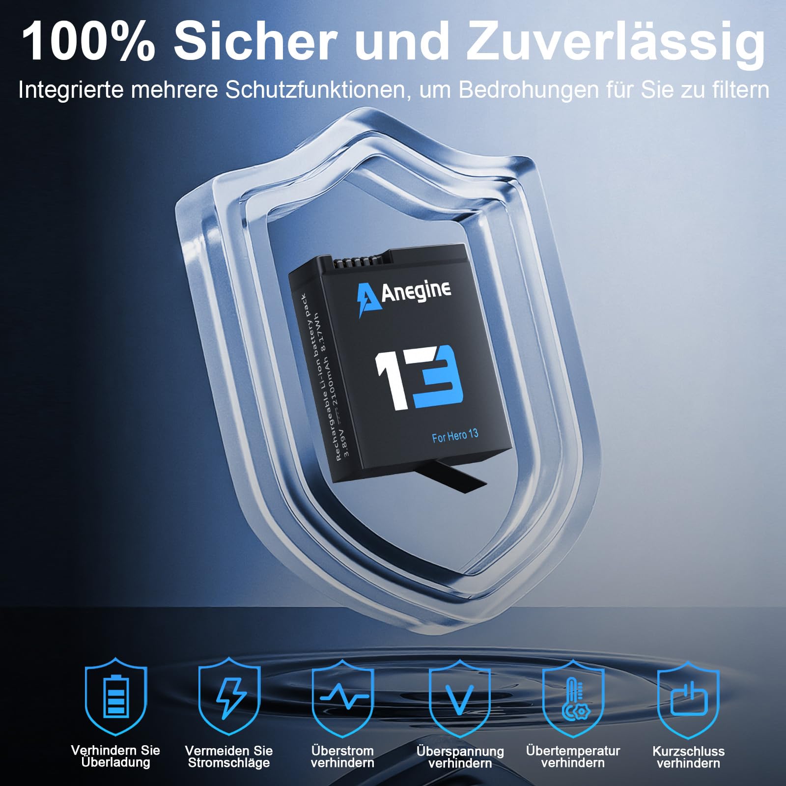 Anegine Hero 13 Akku 2100mAh und LED 3-Kanal USB Speicherladegerät für Hero 13 Black Enduro Wiederaufladbarer Akku mit Typ-C (2er-Pack)