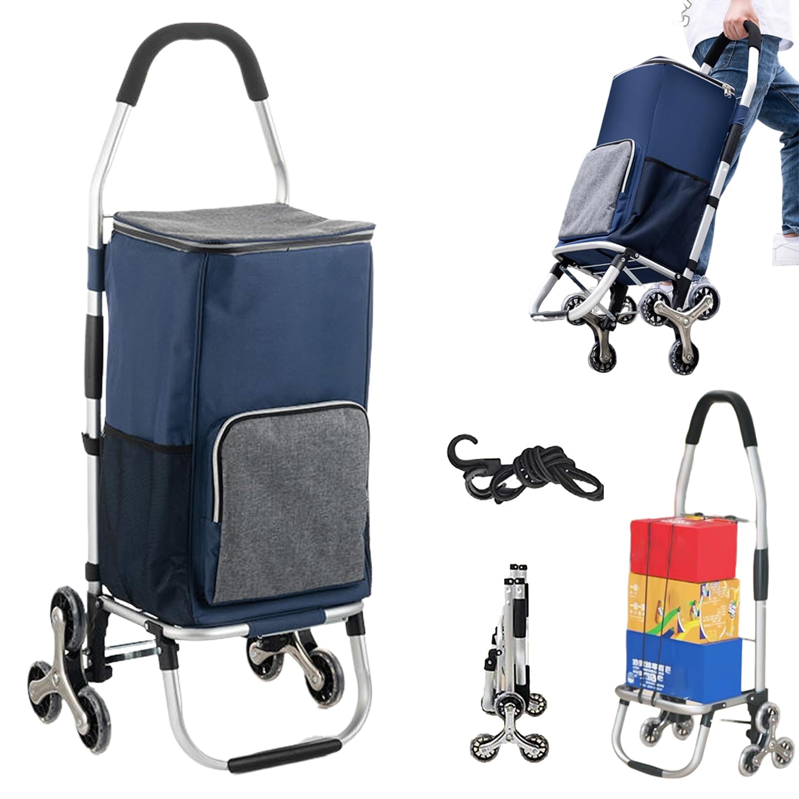 3in1 Einkaufstrolley Treppensteiger, Trolley groß 45 Liter, Einkaufswagen mit Kühlfach, Einkaufstasche mit Rollen, Klappbar, Tasche Abnehmbar, Einkaufsroller, Handwagen (Blue)