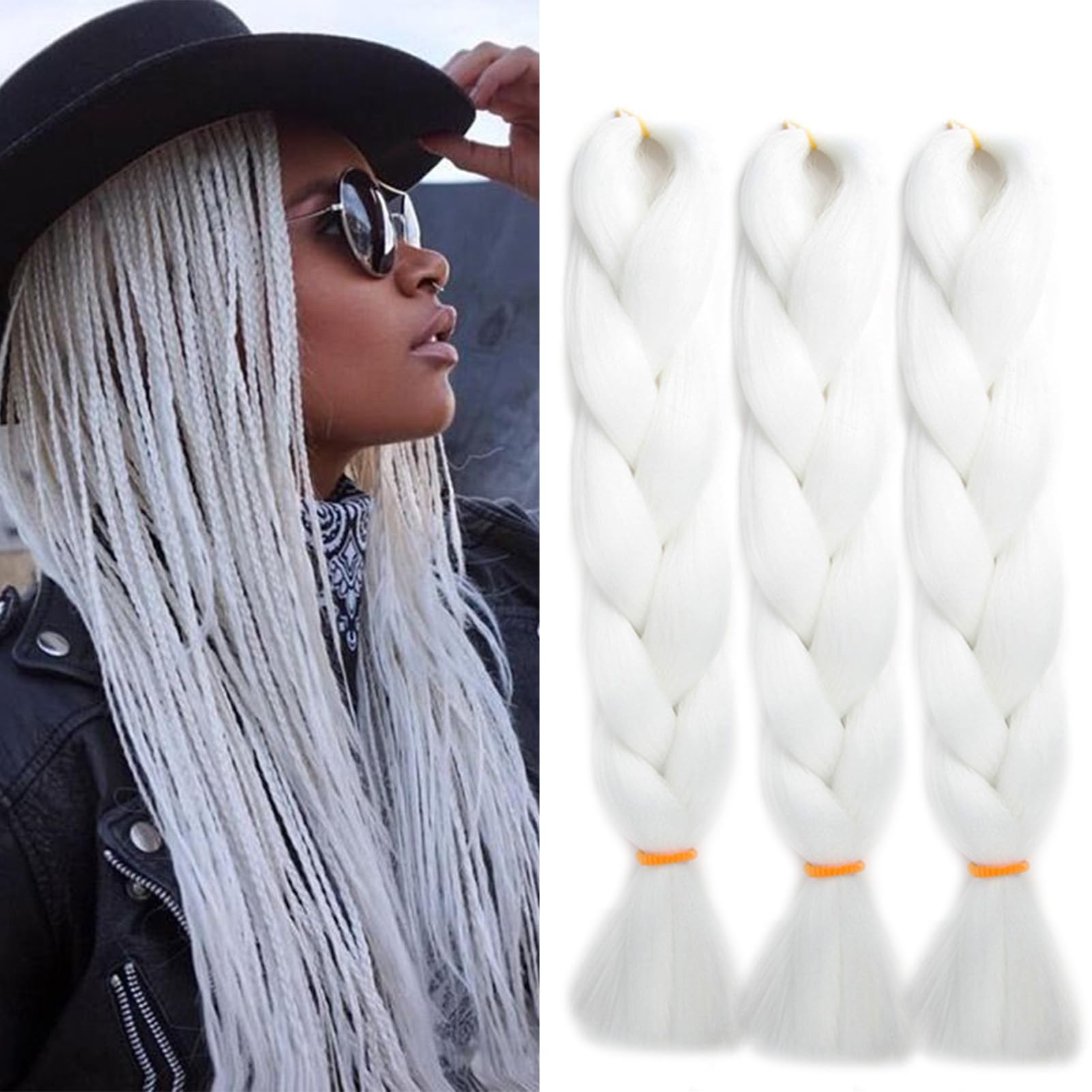60cm Pelo Sintetico para Trenzas Africanas Extensiones de Cabello Trenzado Jumbo Braids Crochet Braiding Hair Extensions 3PCS 300g, Blanco