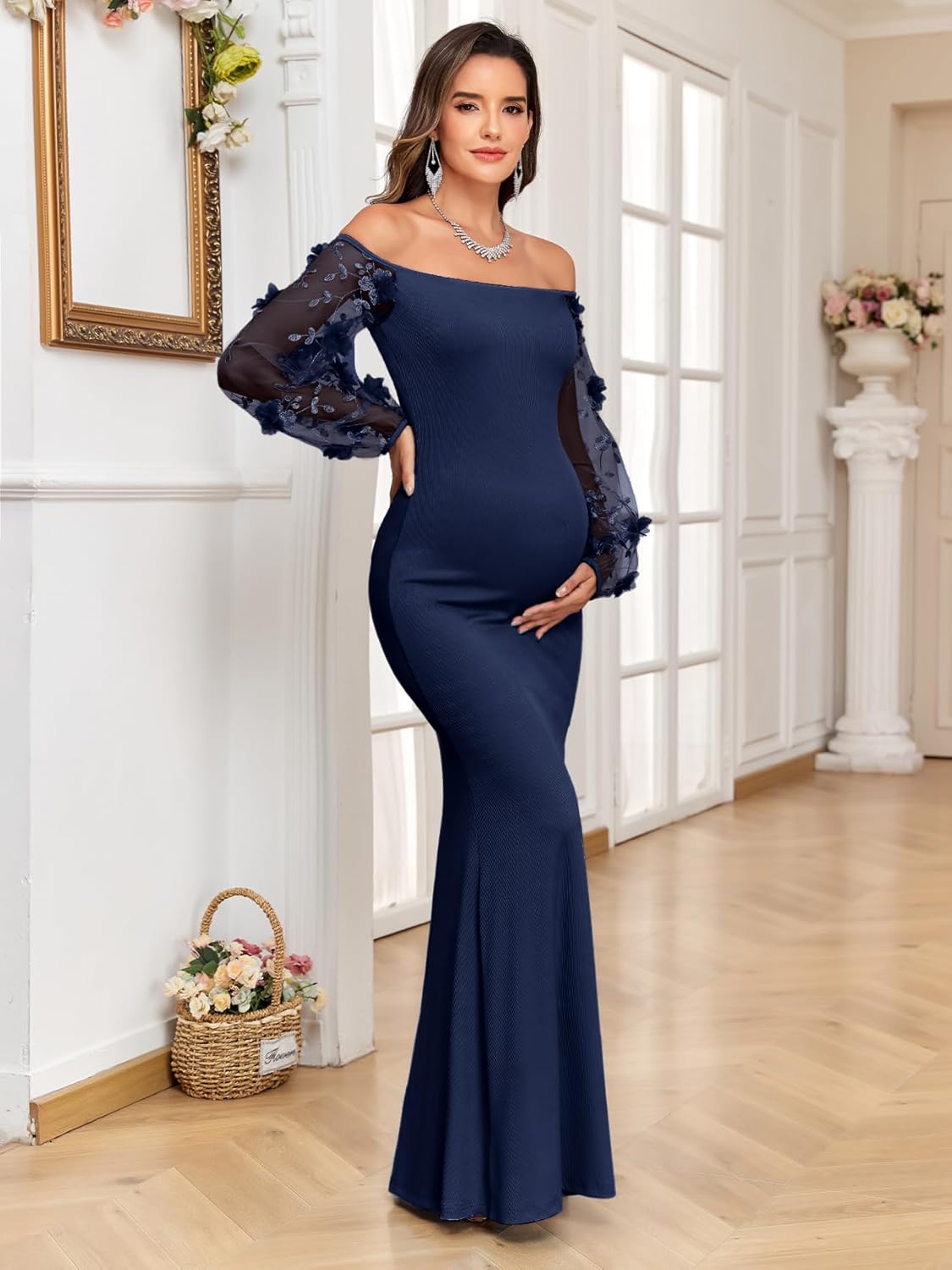 CYCLAMEN Off-Shoulder Maternity Evening Gown 3D Floral Mesh Sleeves Formal Mermaid Maxi Dress for Baby Shower Photoshoot