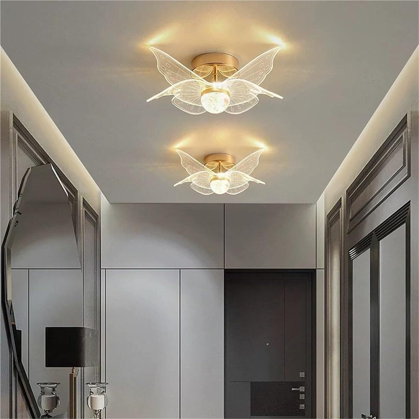 JingNian Lampa sufitowa w złotym motylu w stylu francuskim Akrylowy klosz, 3 kolory do ściemniania, półwpuszczana do sypialni, pokoju dziecięcego, przedpokoju
