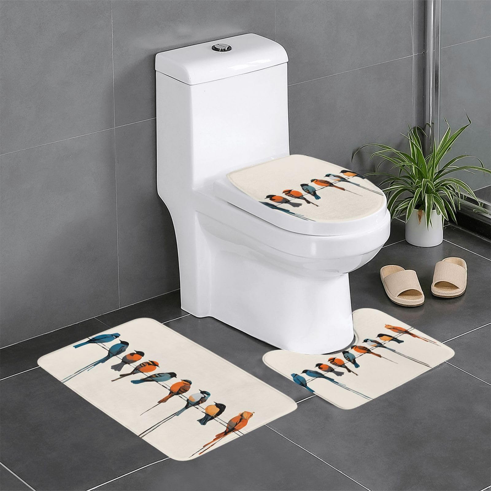 Tapis de salle de bain antidérapants lot de 3 oiseau coloré avec tapis contour