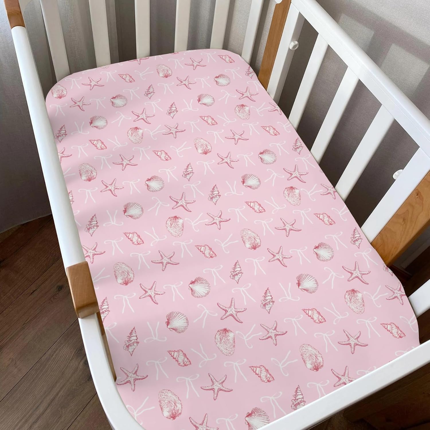 Pink Summer Conches Bows Sea Baby Crib Sheets for Girl 52x28Inch Ocean Seashells Striped Beach Soft Snug Fitted Crib Mattress Cover Boho Nautical Baby Sheet for Standard Crib & Toddler Mattress 2 Pack