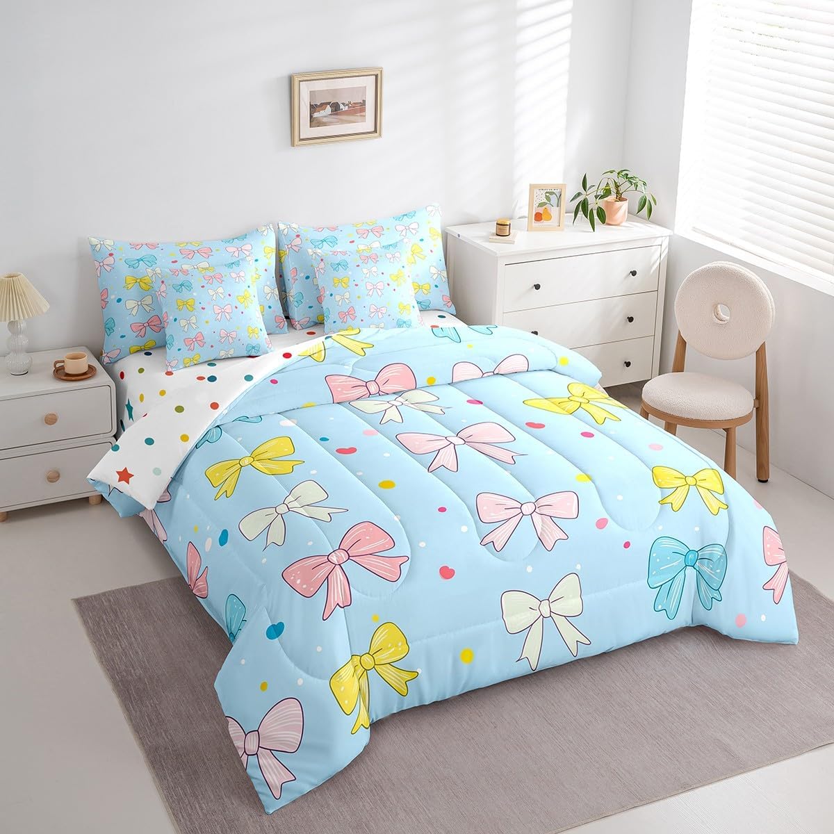 Princess Style Bowknot Comforter Set 7 Pieces for Kids Girls,Cute Bow Print Women Bedding Set Queen Size,Romantic Valentine Bed in a Bag with Comforter,Sheets,Pillowcases,Blue Pink Yellow