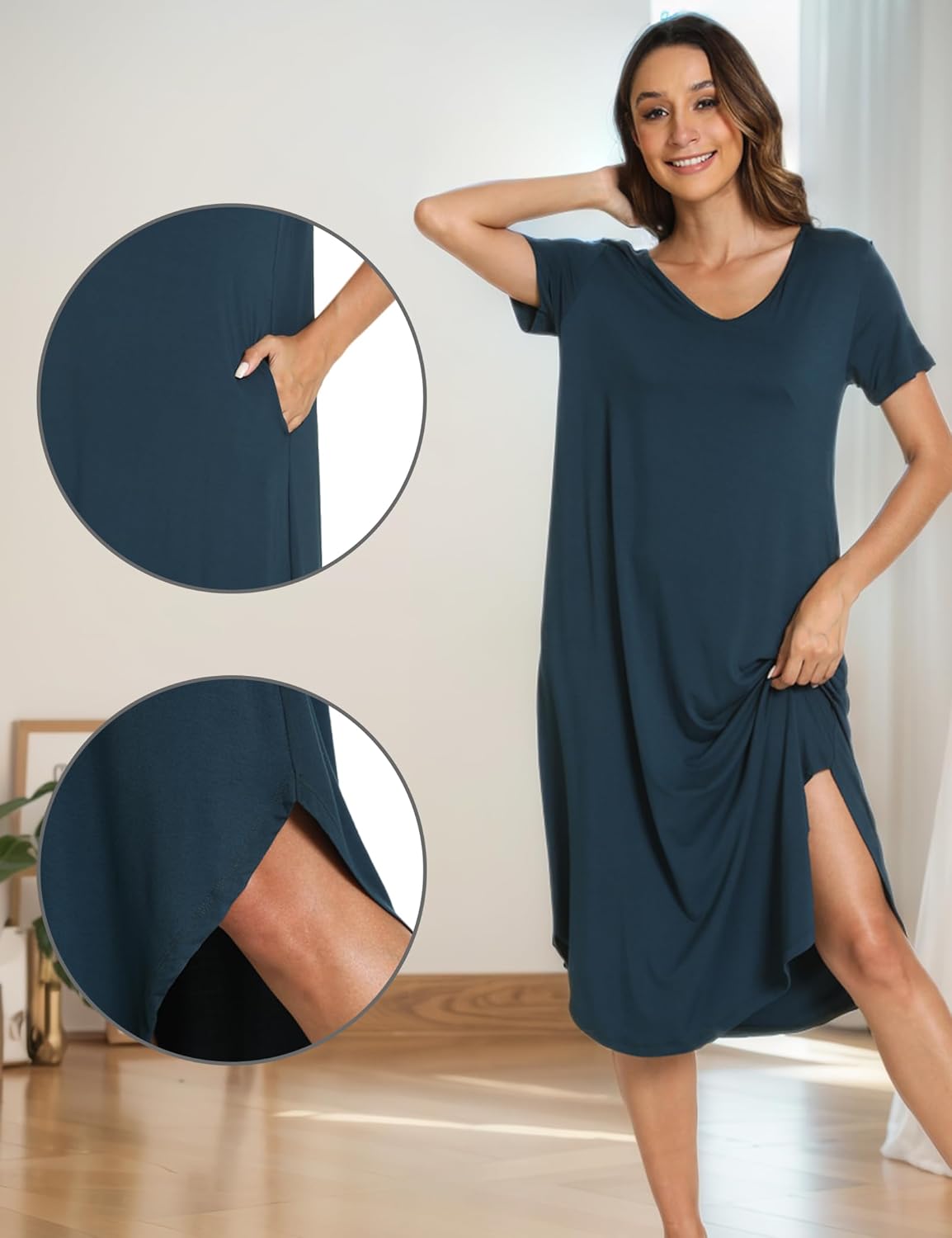 GYS Bamboo Viscose Nightgowns for Women Short Sleeve V Neck Night Shirts with Pockets - Image 4