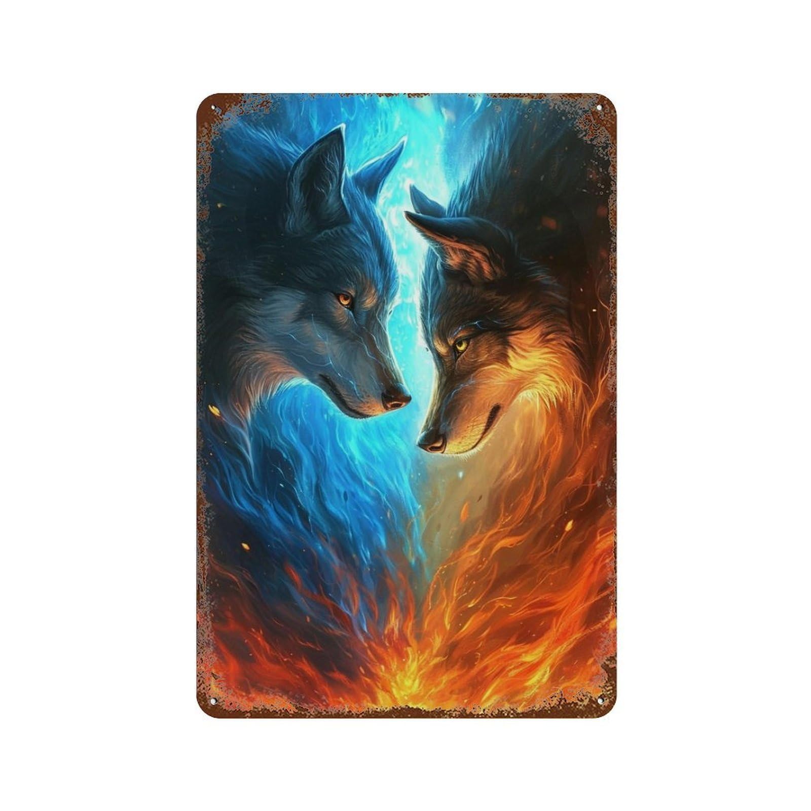Rust Effect Fire & Ice Wolves Art Print Rusty Metal Tin Sign 11.8"x7.9", Industrial Home Decor for Living Room, Hallway And Home Decor