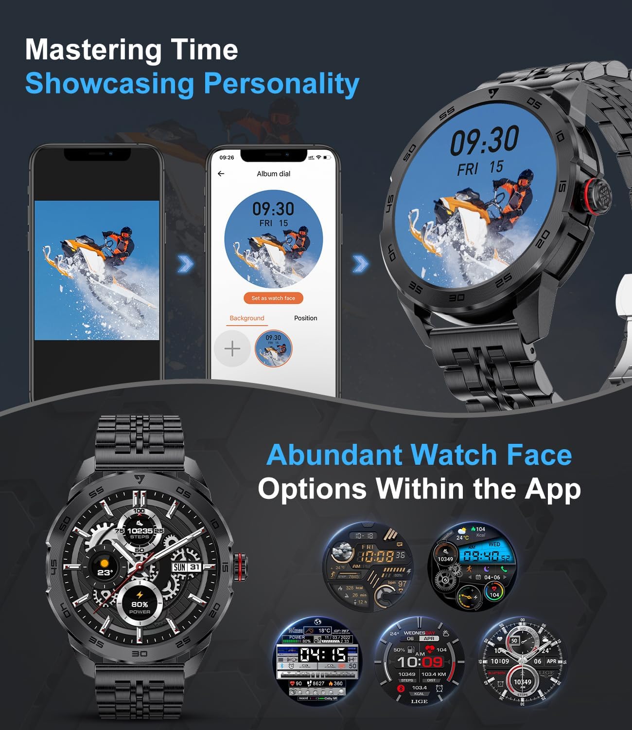 LIGE Smart Watch displaying various customizable watch faces and the app interface for selection.