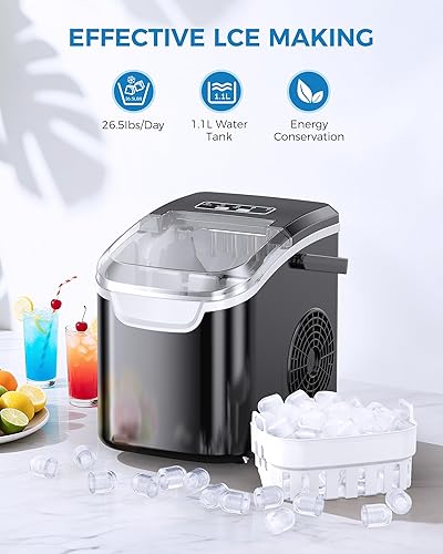 Miniatura 13 de COWSAR Máquina de hielo portátil con autolimpieza, 26.5 libras/24 horas, 6 minutos/9 piezas, cuchara de hielo y cesta, máquina de hielo de mano