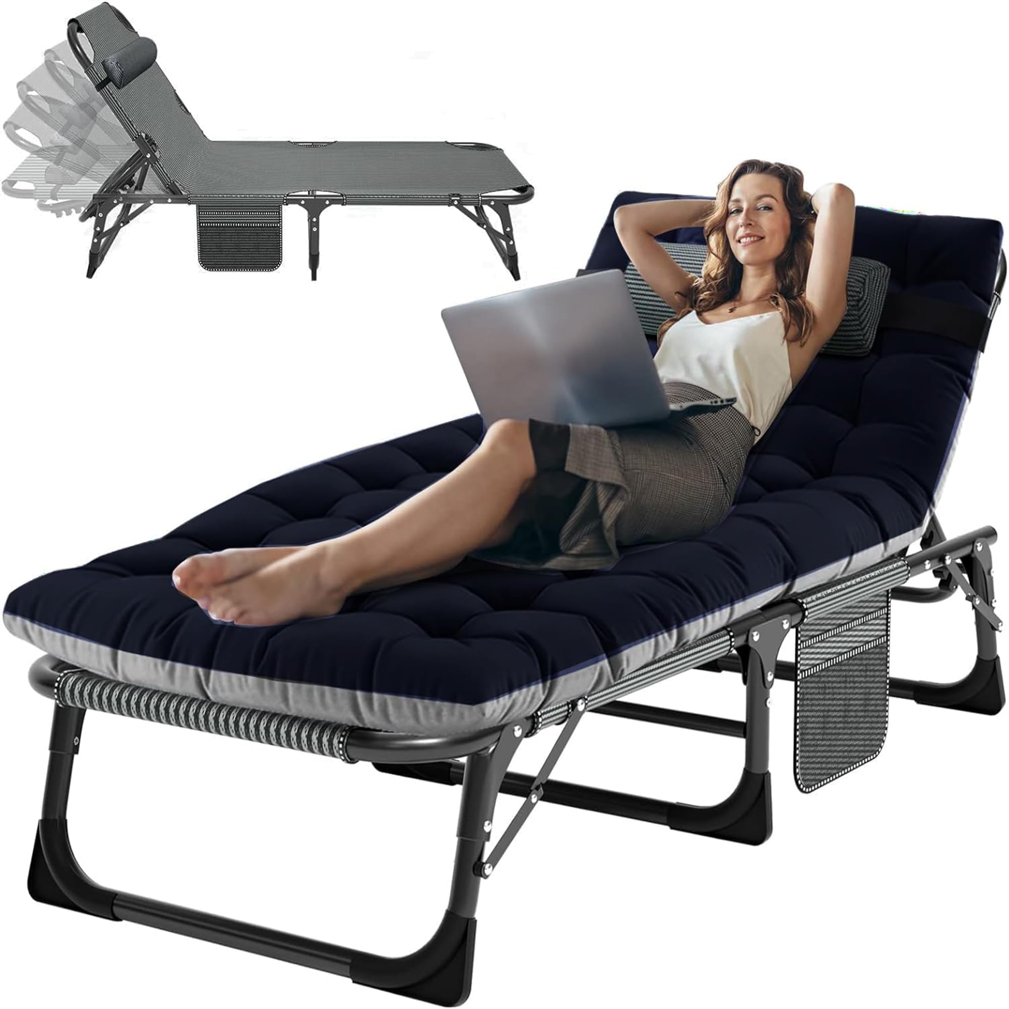 ABORON 3-in-1 Folding Patio Lounge Chair, 440LB Heavy-Duty Tri-Fold Guest Bed with Plush Cotton Cushion, No Assembly Adjustable Recliner for Office