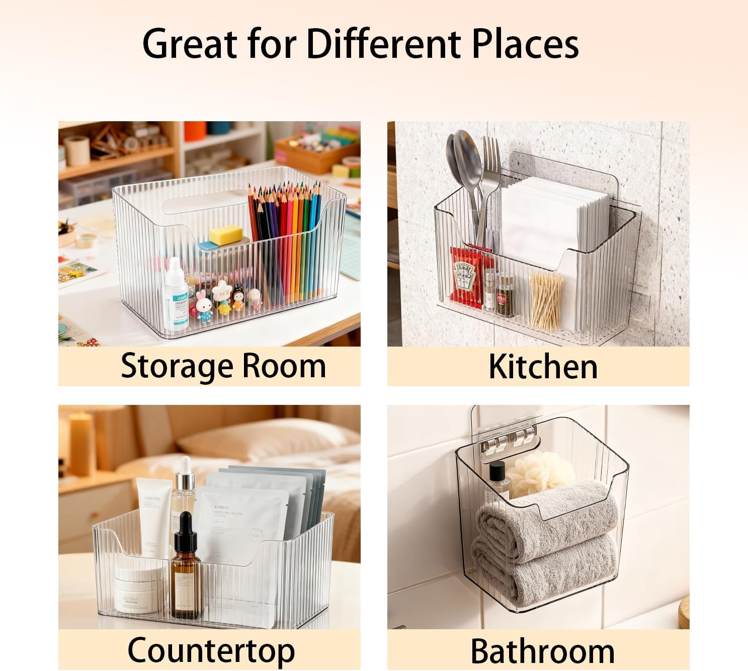 3 Pack Cabinet Door Organizer, Adhesive Mounted Shower Basket, Clear Makeup Storage Wall Hanging Bin for Bathroom, Kitchen, Cabinet, Pantry
