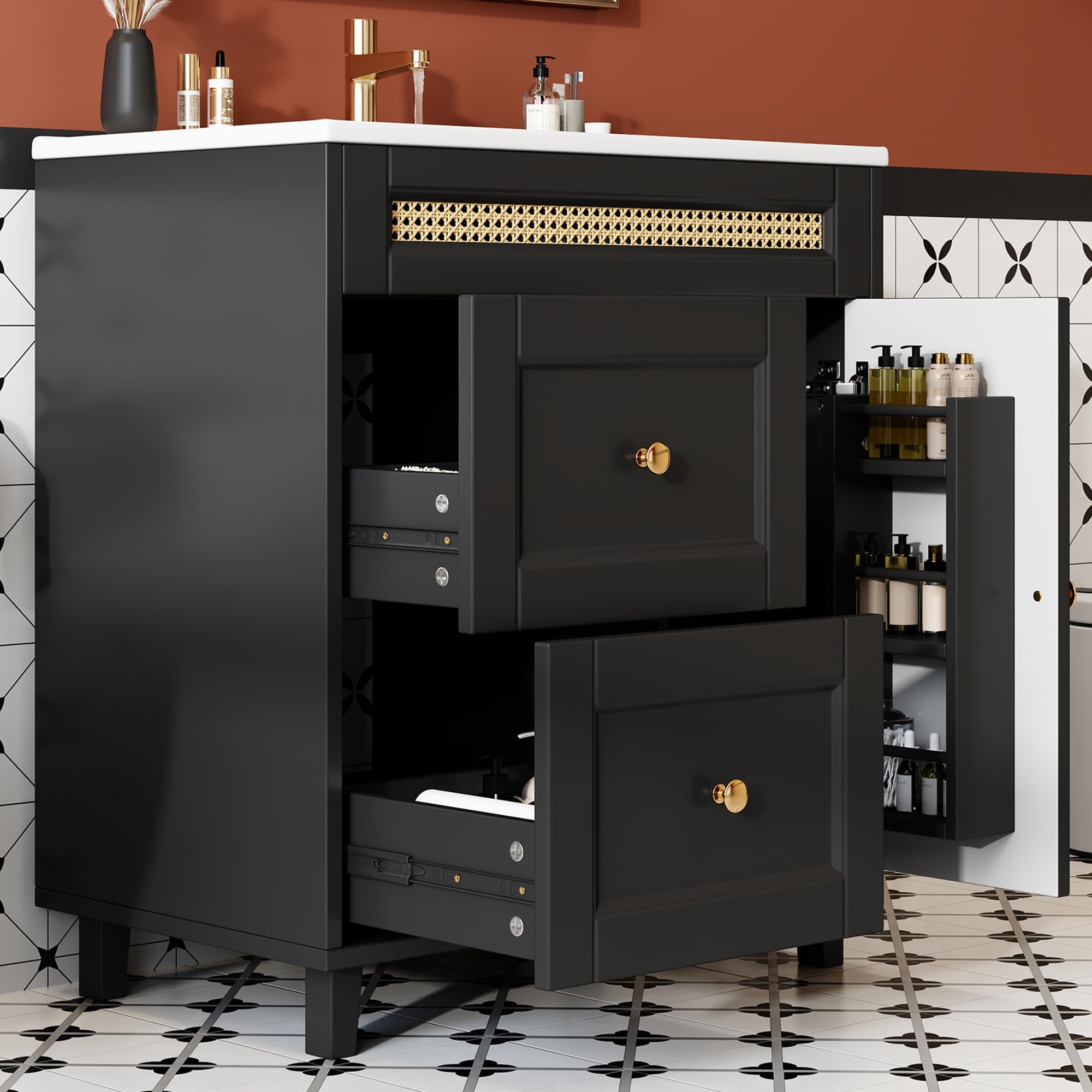Tocador de baño independiente, rieles de cajones dobles silenciosos, puertas de armario con función de cierre suave, asas doradas y adornos de ratán, lavabo de cerámica, negro, 76 x 46 x 86,5 cm