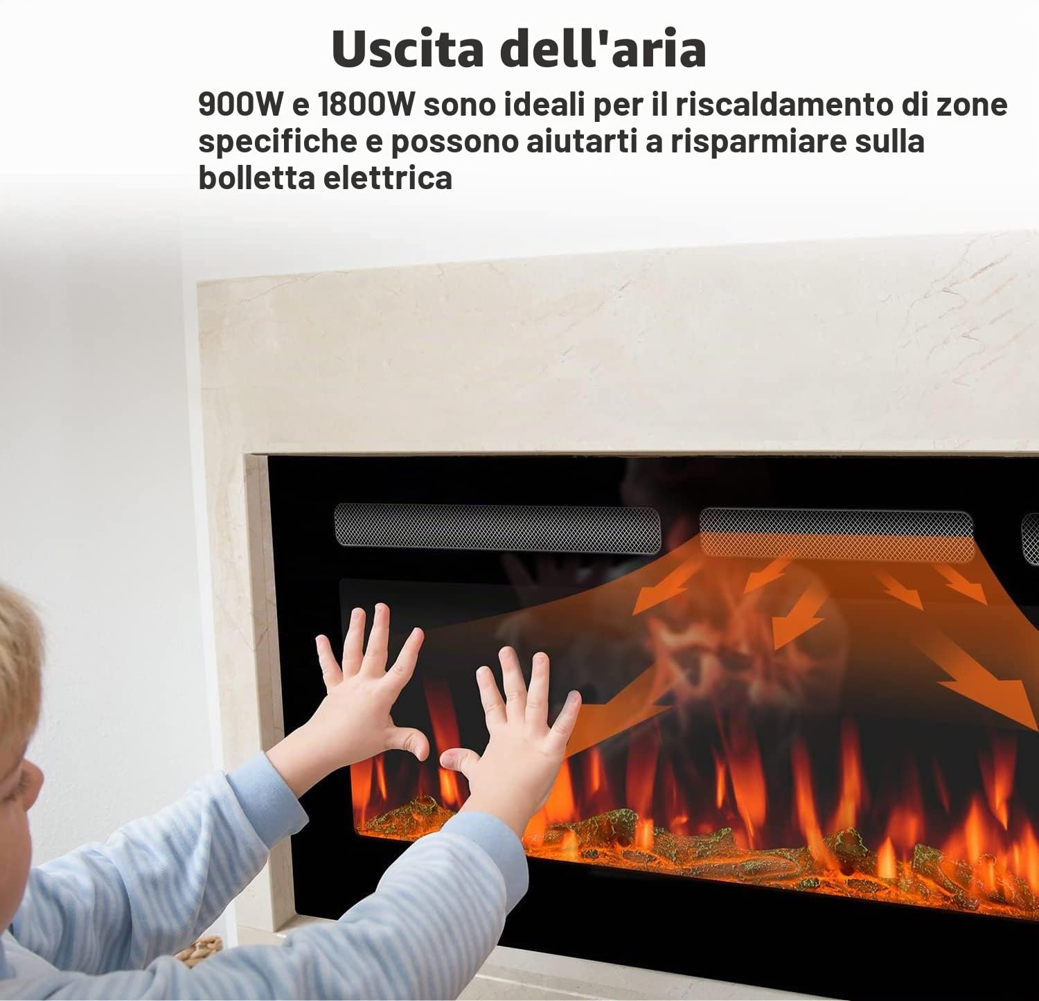 M.C.Haus Camino Elettrico Touch Screen Pannello in Vetro con Inserto a Fiamma Colorata Riscaldatore a Parete Telecomando con Crystal LogSet,900W/1800W (127 cm)