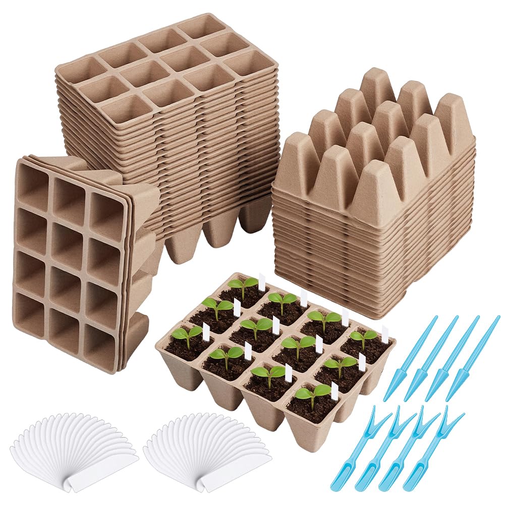Pots de Tourbe biodégradables Plateau de Semis à 720 alvéole Kit de Démarrage de Semis Biodégradable (60 Paquet) Comprenant 600 étiquettes en Plastique PVC et 8 repiquages pour Semis
