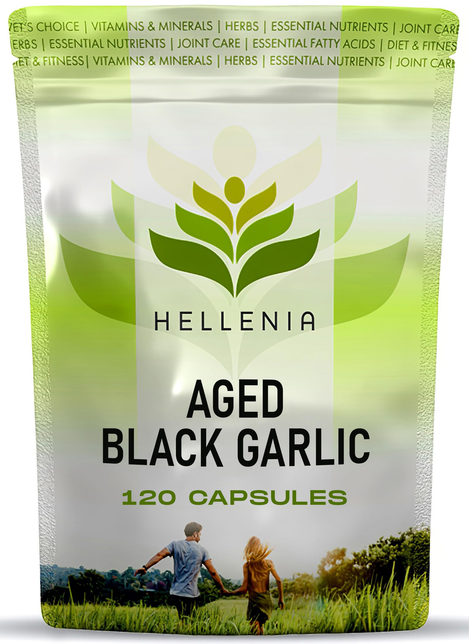 Aged Black Garlic 12,000mg - 120 Capsules | Black Aged Garlic Bulb Extract 100:1 | Antioxidant and Cholesterol Support | Vegan and Gluten Free - Made in The UK by Hellenia