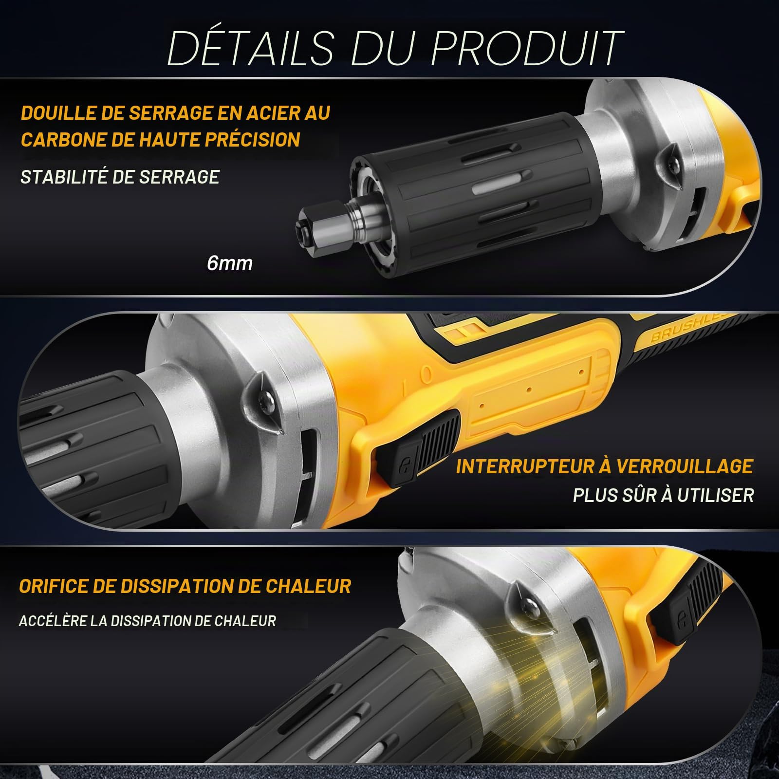 Meuleuse droite sans fil compatible avec batterie Dewalt 20 V, meuleuse droite sans brosse, mandrin de 6 mm et 4 vitesses variables (sans batterie)