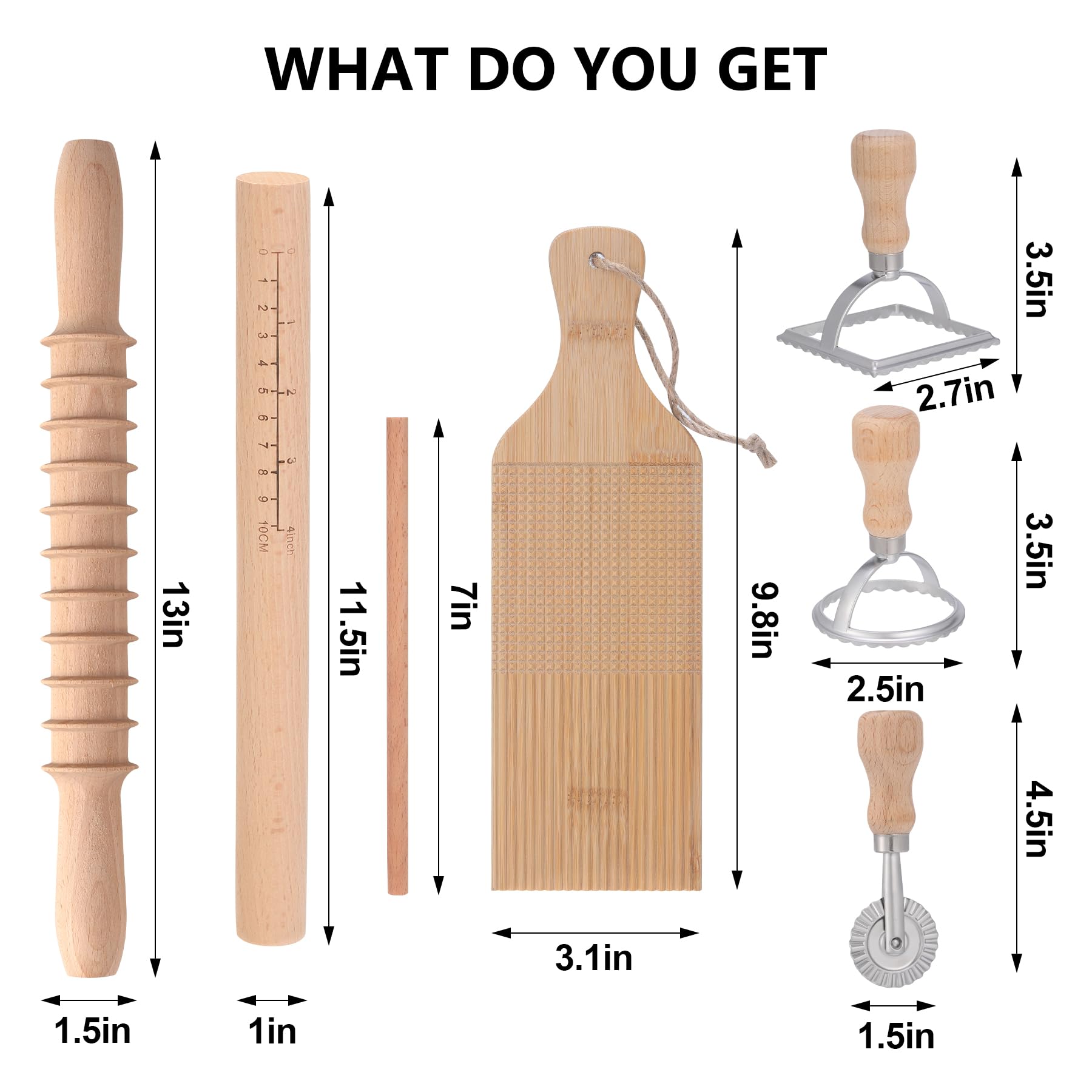 Gartely Pasta Making Tool Set Include 3pcs Ravioli Stamp Maker Cutter with Roller Wheel Set, 4 in 1 Gnocchi Board, Wooden Pasta Cutter and Pasta Rolling Pins Homemade Pasta Maker Kitchen Gift Idea