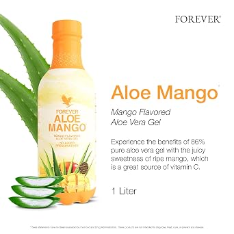 Forever Living - Forever Aloe Mango - جل الصبار النقي المملوء بالمانجو - خالي من الغلوتين ونباتي مع فيتامين C المضاف - 1 لتر