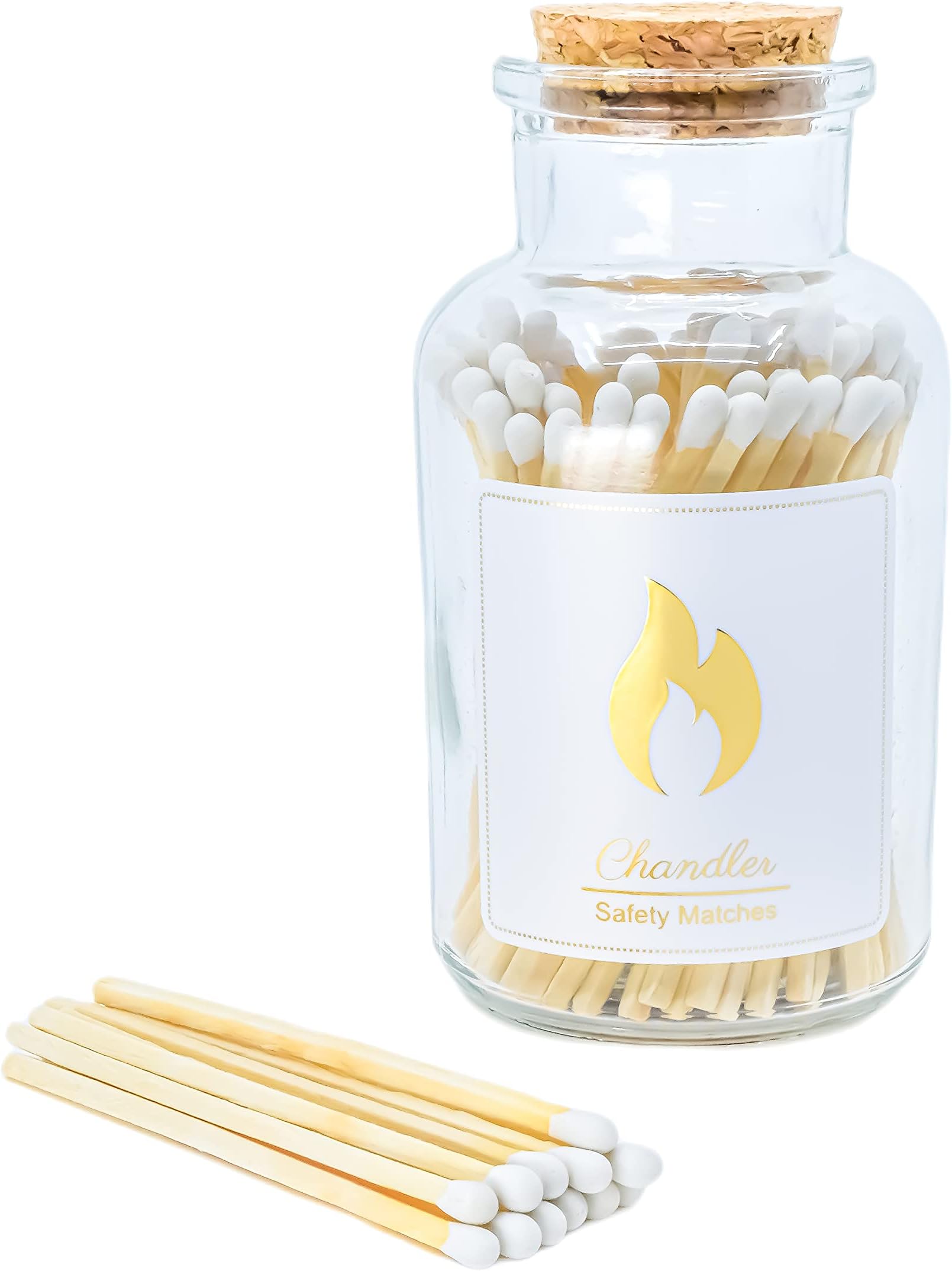 Chandler Safety Matches - Glass Jar Strike On Bottle Matches | Vintage | Home Decor | Candle Accessory | Artisan Long Matches (Clear)