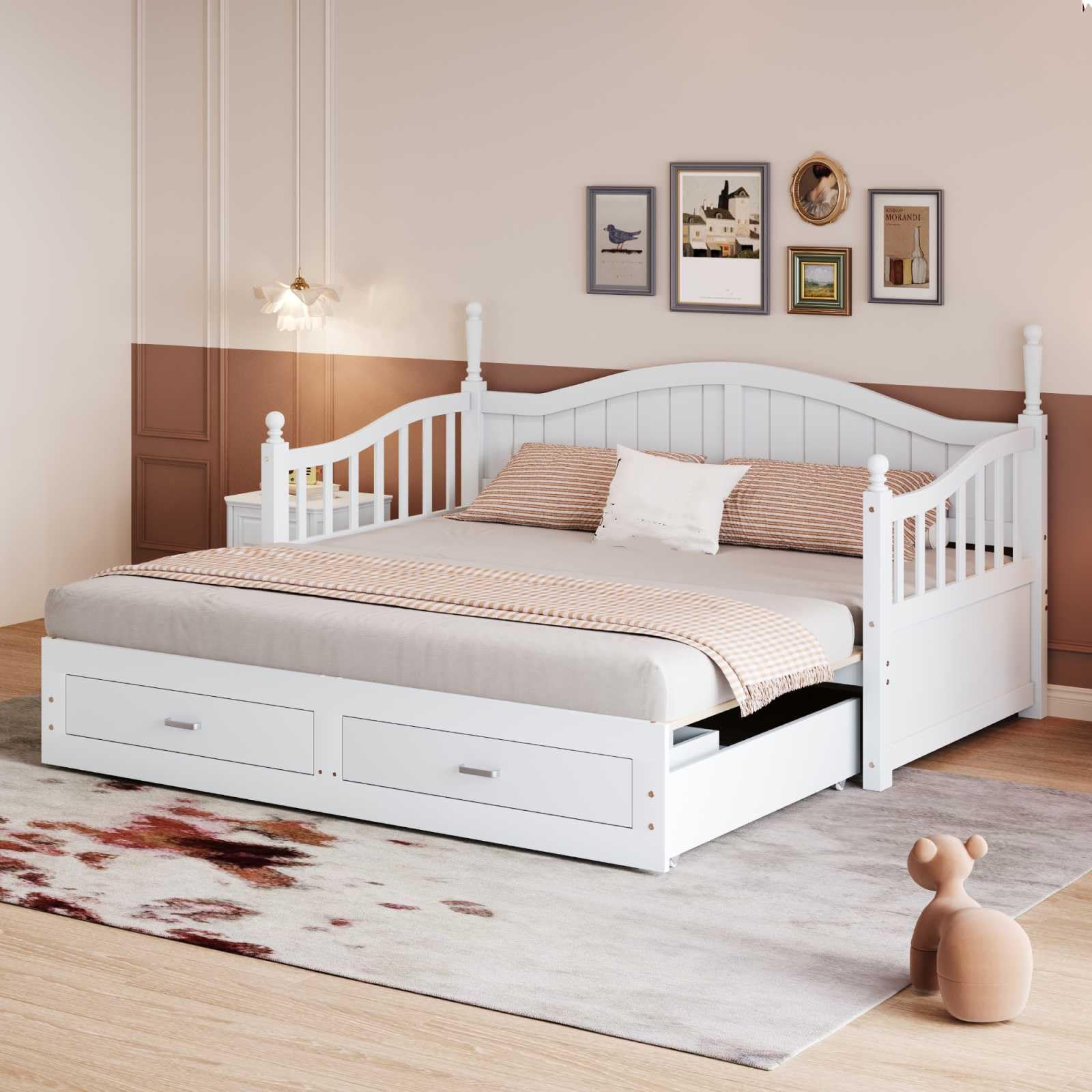 YEHTOKHOME 90/180x190 cm canapé-lit en Bois Massif Extensible avec 2 tiroirs, Multifonctionnel avec lit escamotable et sommier à Lattes, avec Dossier et accoudoirs(sans Matelas) (Blanc)
