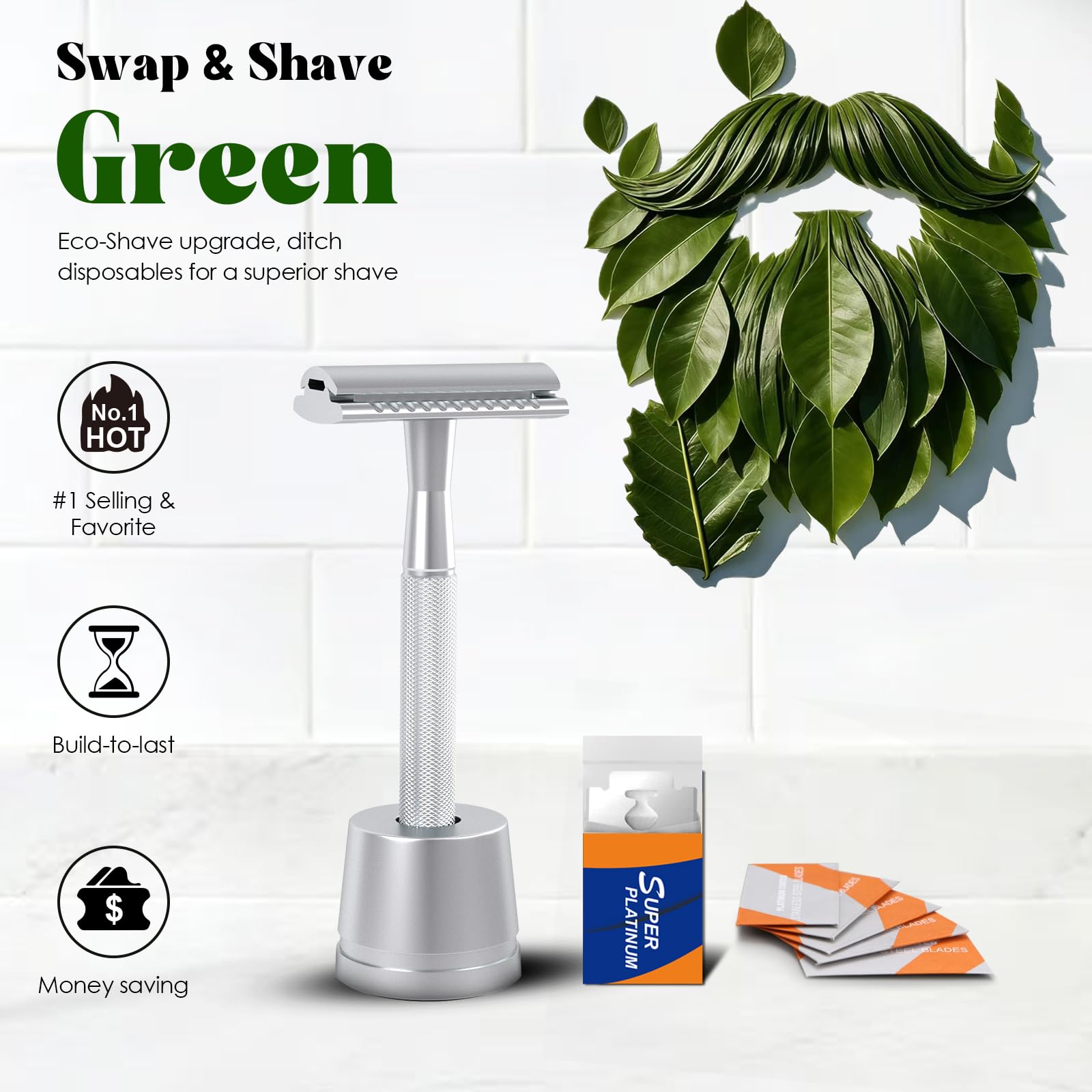 Maquinillas de afeitar de seguridad de una sola hoja para hombres, kit de maquinilla de afeitar, con 10 cuchillas de doble filo y 1 soporte, maquinilla de afeitar de metal reutilizable de