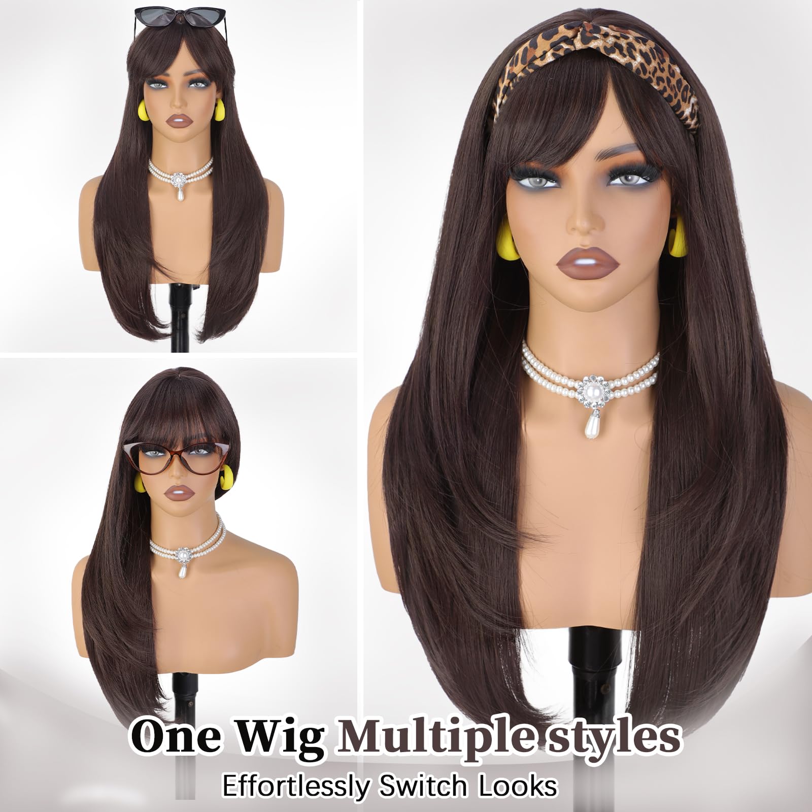 Amazon.com : XIXIBI Brown Wig with Bangs for Women,Long  display picture 1