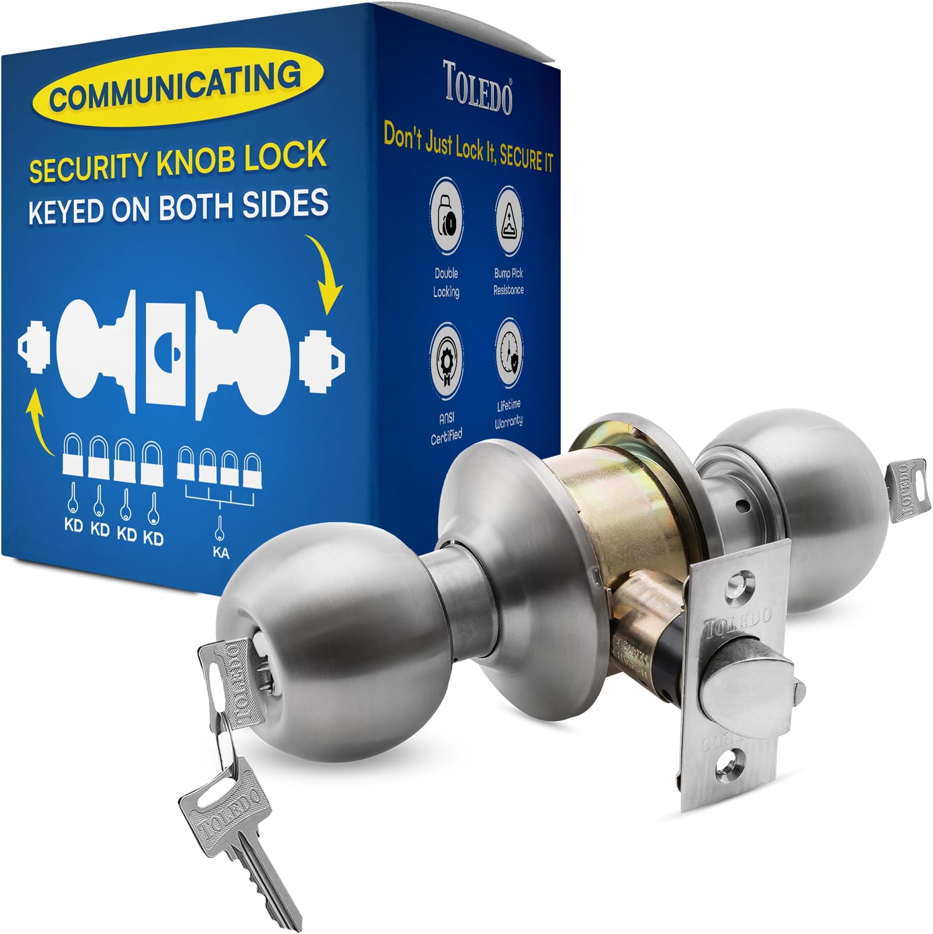 TOLEDO Door Knobs Communicating : Ball Entry Door Knob Keyed On Both Sides : Double Locking Cylinders : Bump Resistant & Anti-Pick Pins : Automatic Latching : Keyed Alike