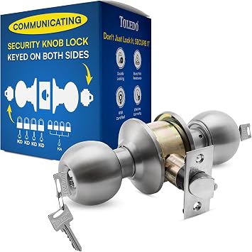 Exterior Door Knob with Lock and Key Communicating Double Sided Doorknob with Lock Doorknob with Lockable Handle Double Sided Locking Door Knob Stainless Steel Construction Satin Chrome