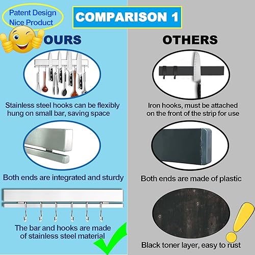 Miniatura 4 de YIIYIIN Soporte magnético de doble cara de acero inoxidable 304 de 12 pulgadas para pared o refrigerador, con tira adhesiva, sin taladro, 6 ganchos